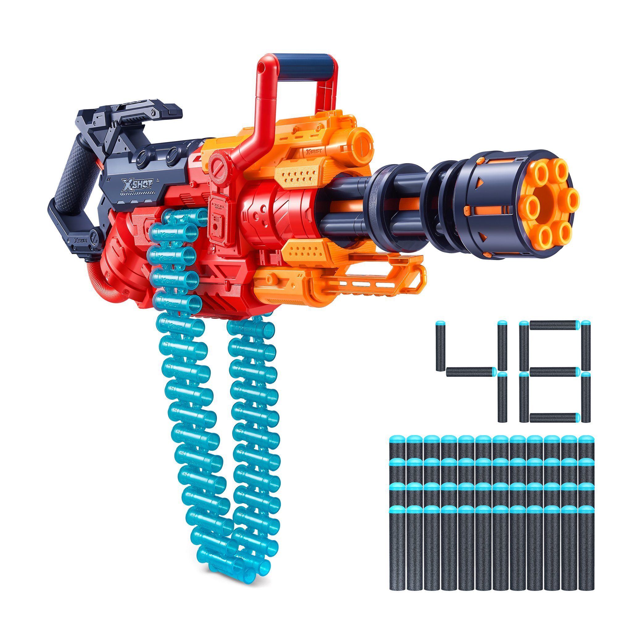 ZURU Blaster Excel Crusher Dartblaster - 27m Reichweite 48 Dart, Halbautomatischer Federdruckblaster im Minigun-Look
