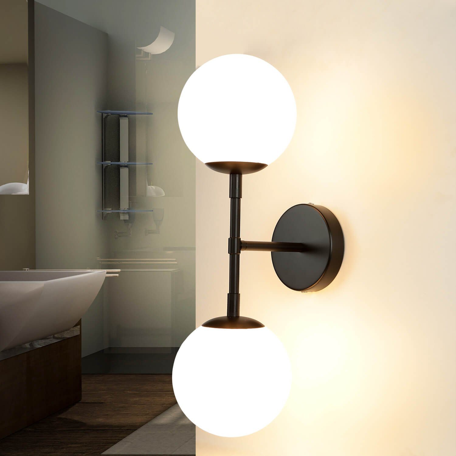 Wandlampe Badezimmer Glas ANTON, Licht-Erlebnisse Wandleuchte Kugelschirm Leuchtmittel, ohne Schwarz Weiß