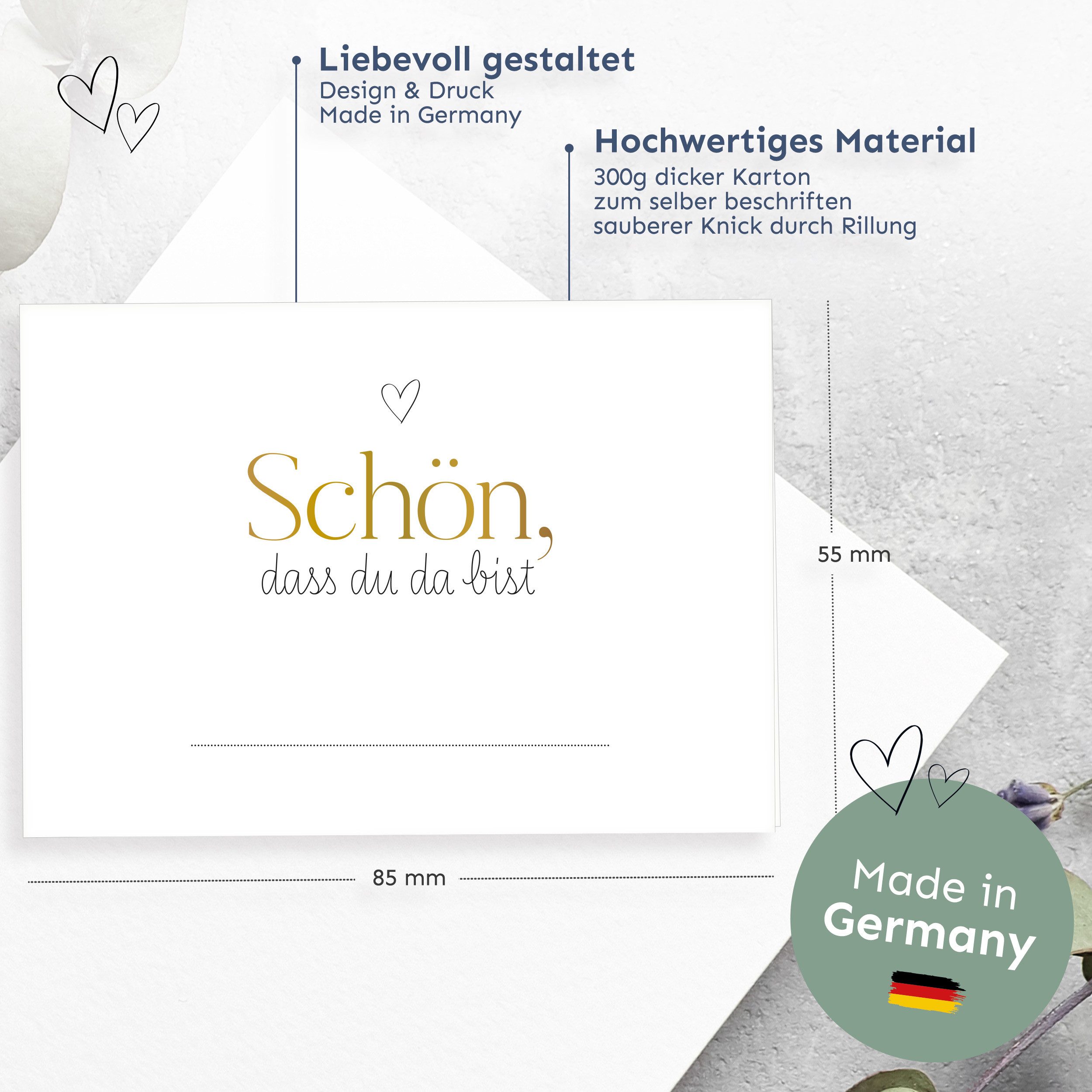 white & ivory Papierdekoration Platzkarte herz gold "schön, dass du da bist", 50 Stück, Tischkarten