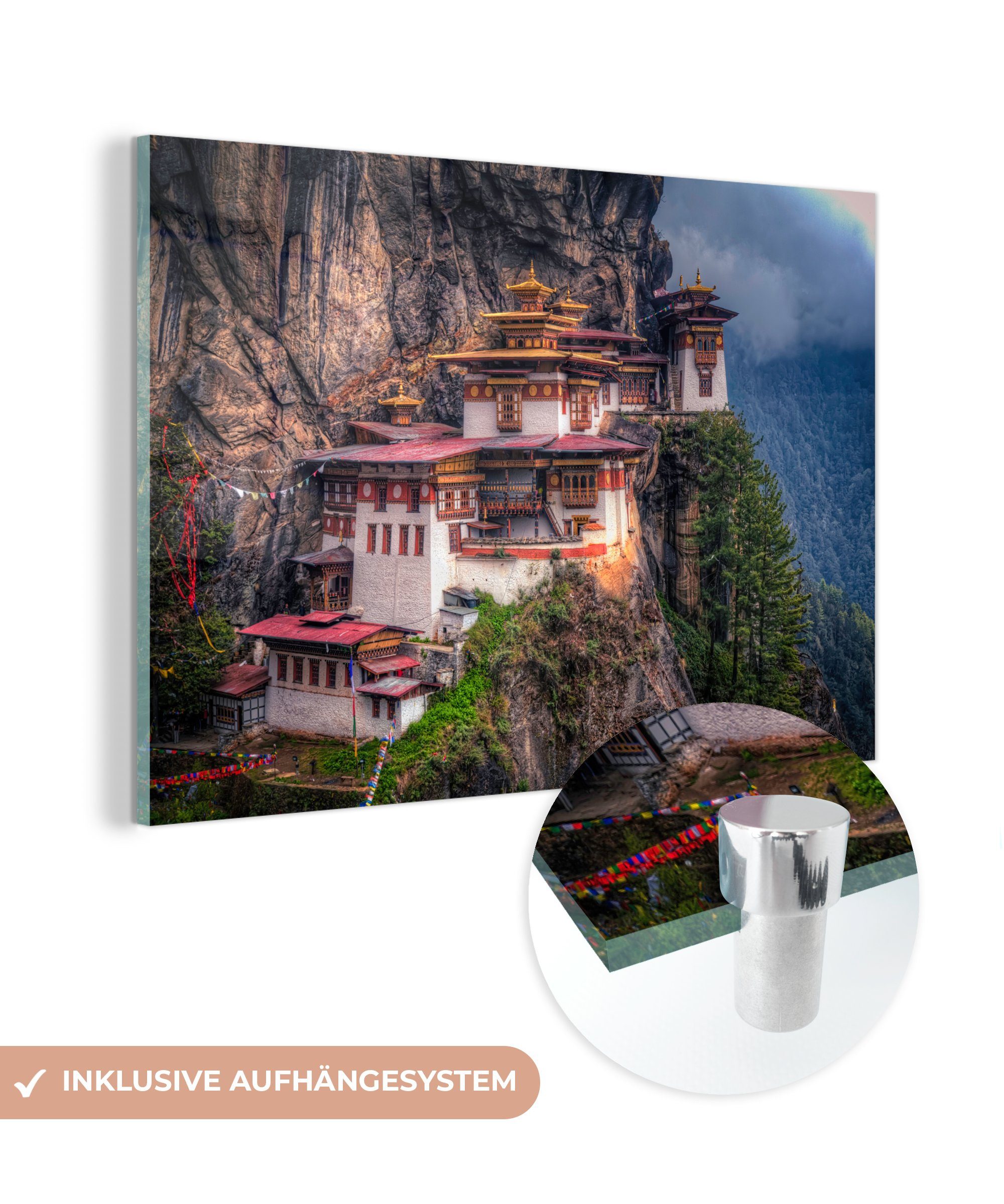MuchoWow Acrylglasbild Buddhistischer Tempel auf einem Berg in Bhutan, (1 St), Acrylglasbilder Wohnzimmer & Schlafzimmer