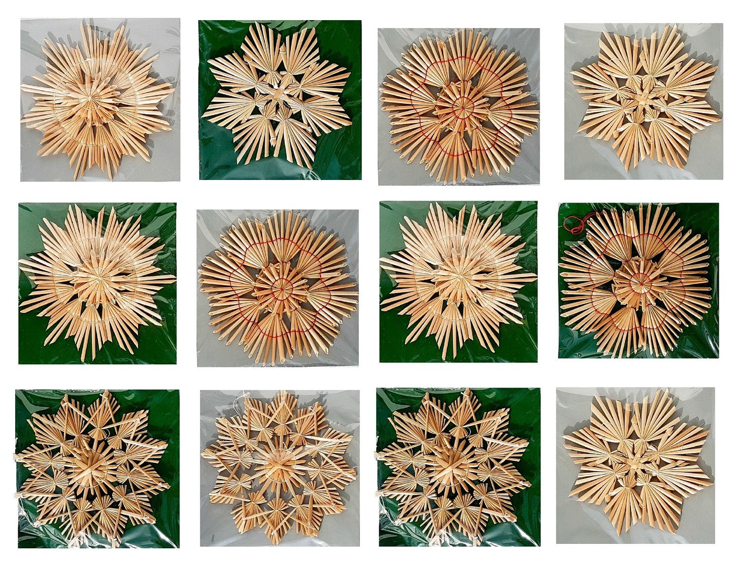 Geschenkestadl Christbaumschmuck Stroh Weihnachtsanhänger, Strohsterne viele Motive, Größe, Menge (12-tlg)