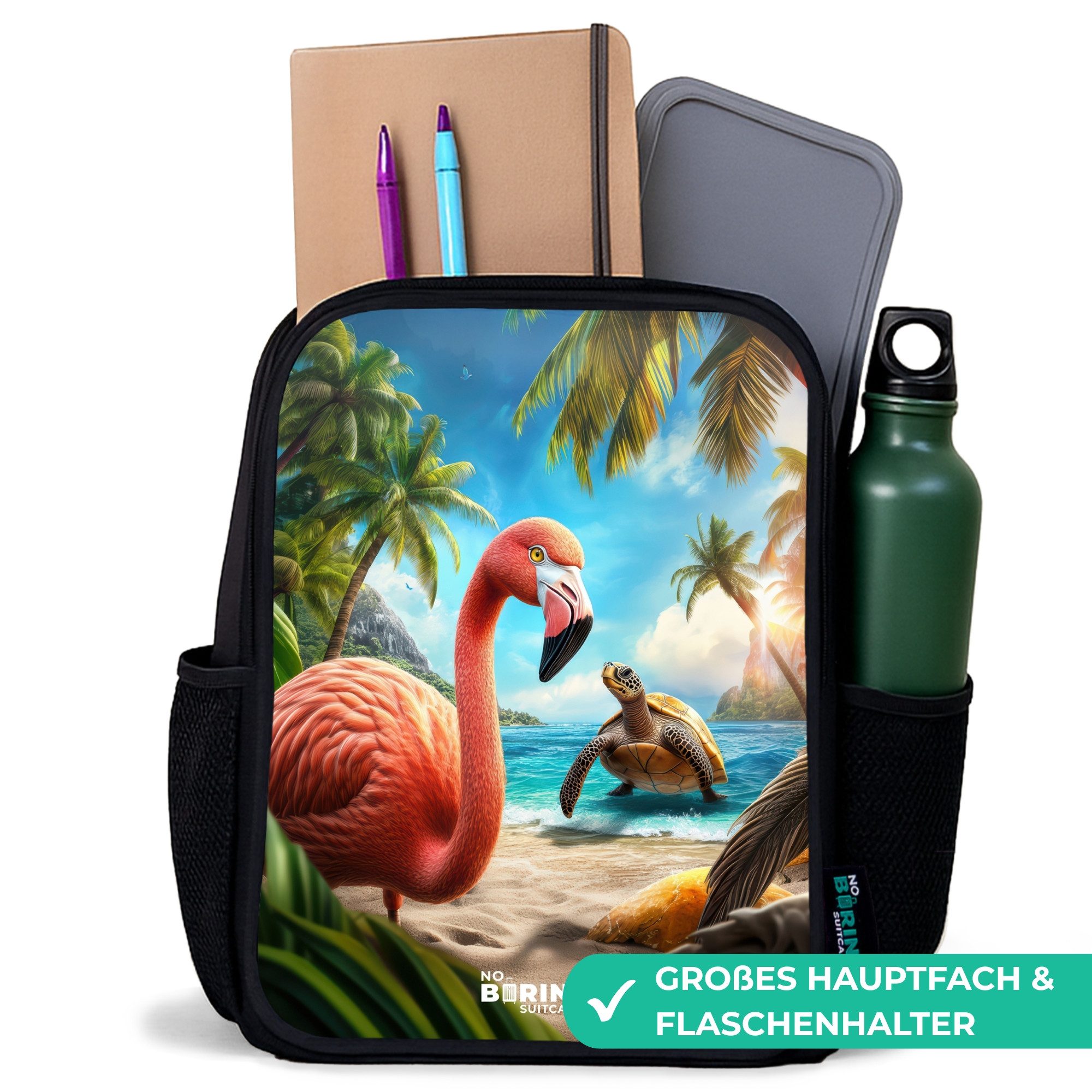 NoBoringSuitcases.com© Rucksack Flamingo und Schildkröte am tropischen Strand, Kinderrucksack Schwarz, Schulrucksack, Freizeitrucksack Jungen Mädchen
