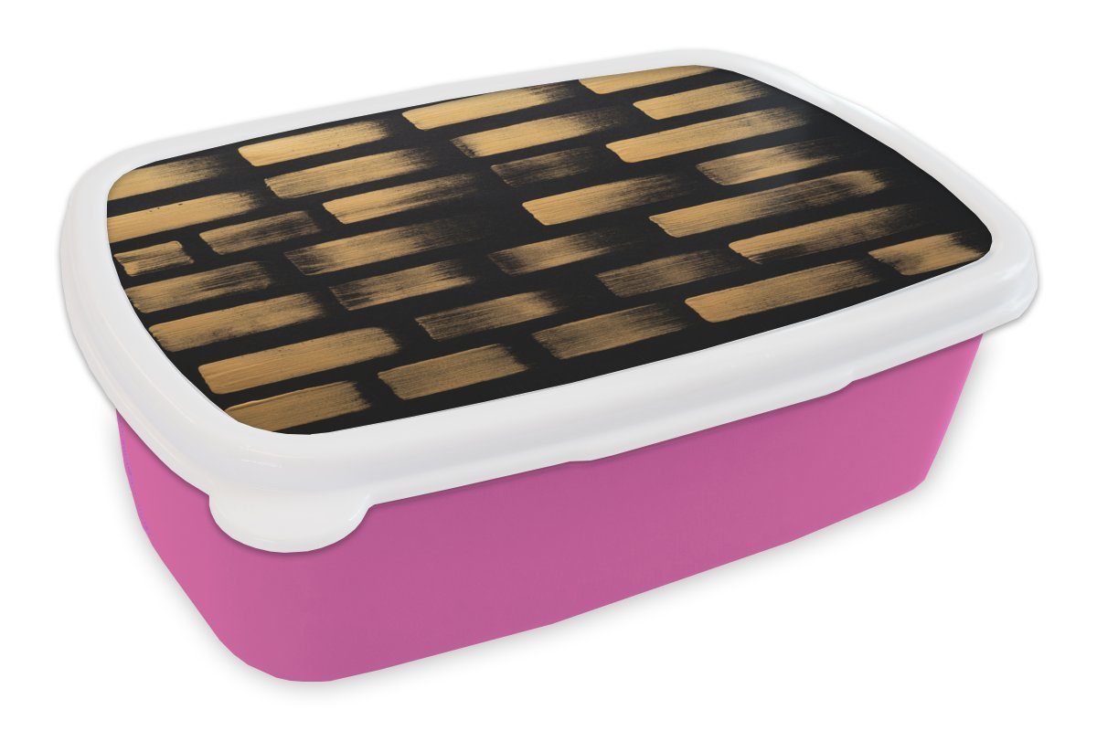 Kinder, MuchoWow Kunststoff Brotbox Snackbox, rosa Goldfarbene schwarzem Kunststoff, (2-tlg), Papier, Brotdose für Erwachsene, Lunchbox Mädchen, auf Streifen