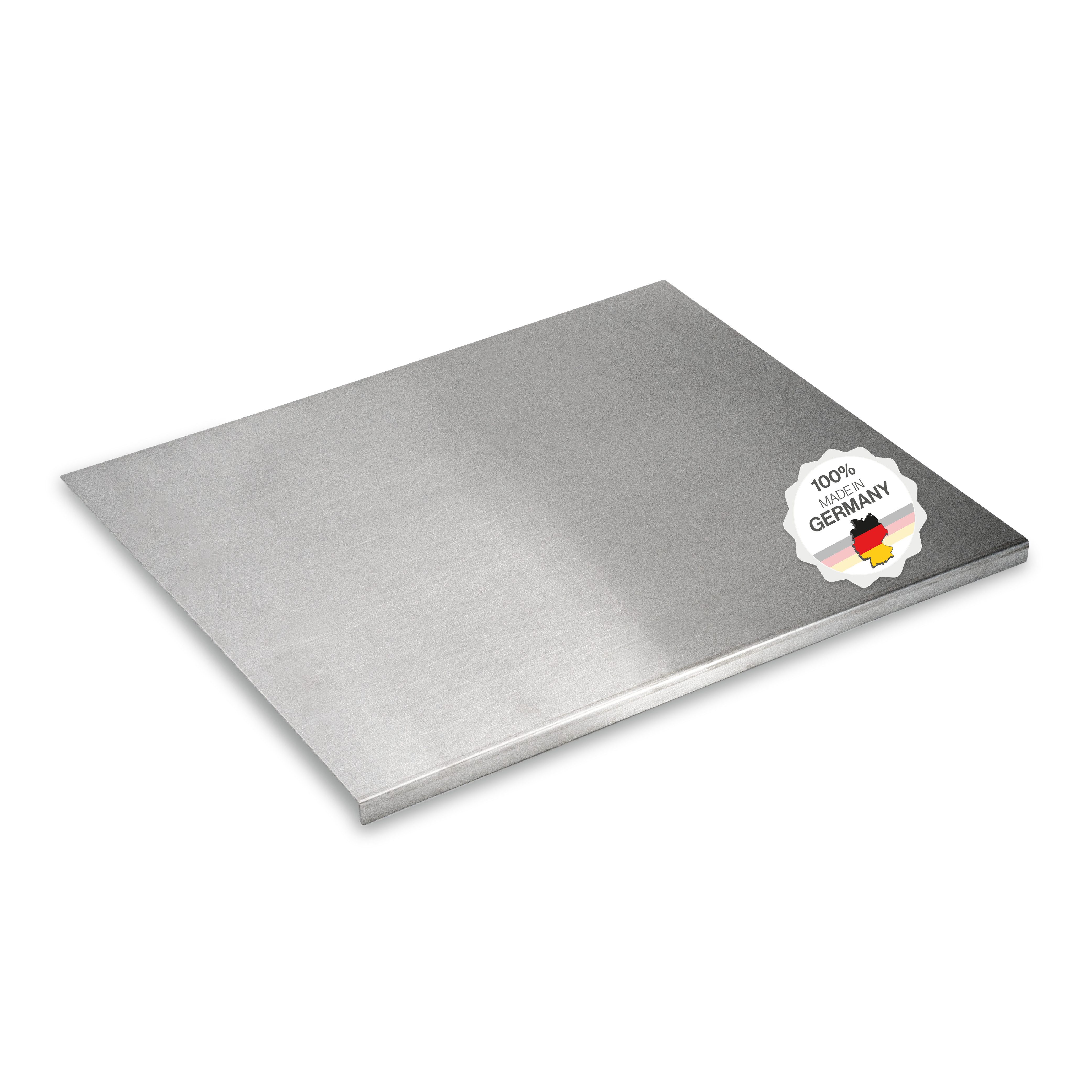 Feuerfest 123 GmbH Schneideunterlage Schneidebrett / Knetbrett aus Edelstahl - mit Anschlagkante, Für Kneten, Schneiden & Backen – 100 % Made in Germany