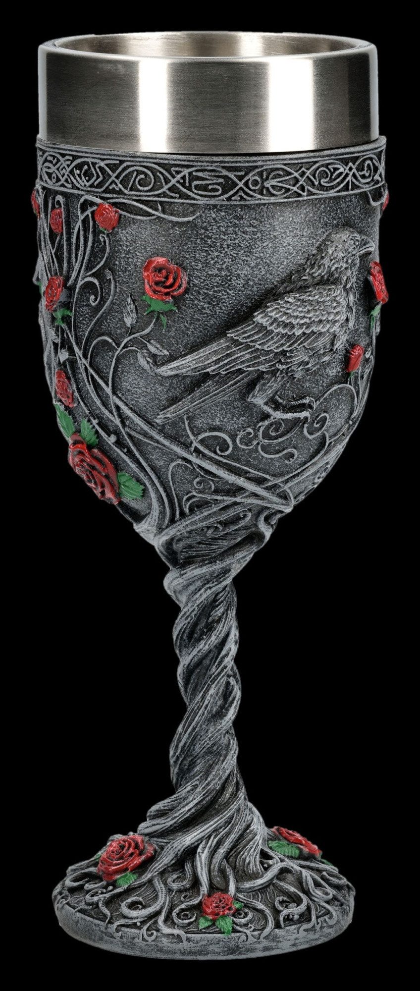 Figuren Shop GmbH Becher Gothic Raben Kelch – Rosen Weinkelch Horror Deko Sammlerstück 19.5 cm, Kunststein (Polyresin), Edelstahl