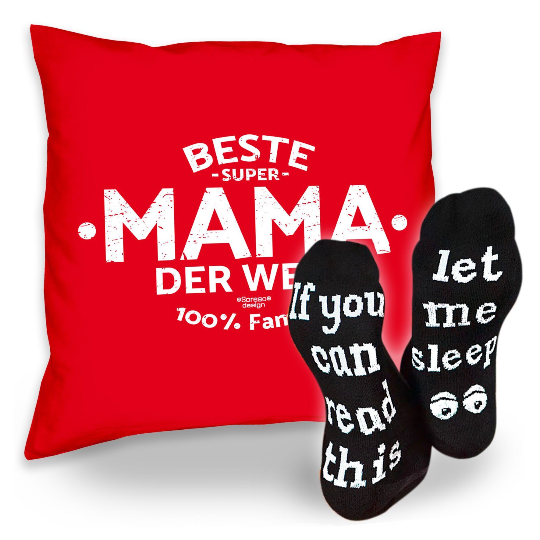 Soreso® Dekokissen Kissen Beste Mama der Welt & Sprüche Socken Sleep, Geschenk Geburtstagsgeschenk rot