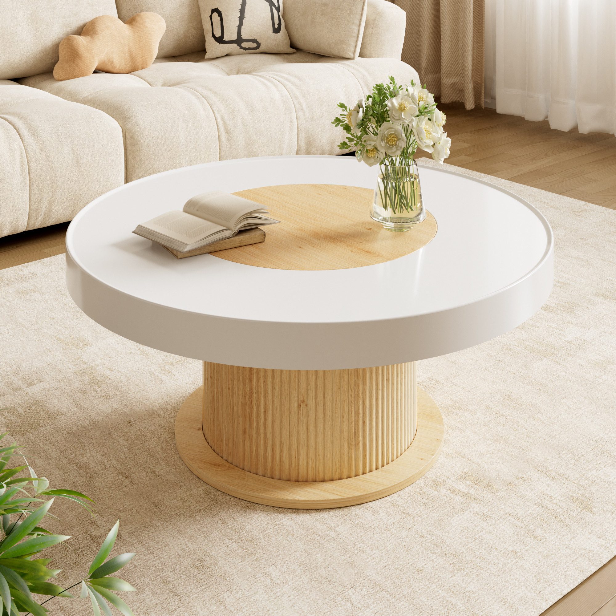 BlingBin Couchtisch Runder Wohnzimmertisch mit Rillenfuß, MDF, Weiß-Natur (1-St., inklusive Montagematerial), Beistelltisch für Wohnzimmer,Ø 75 x H 39 cm,Modern