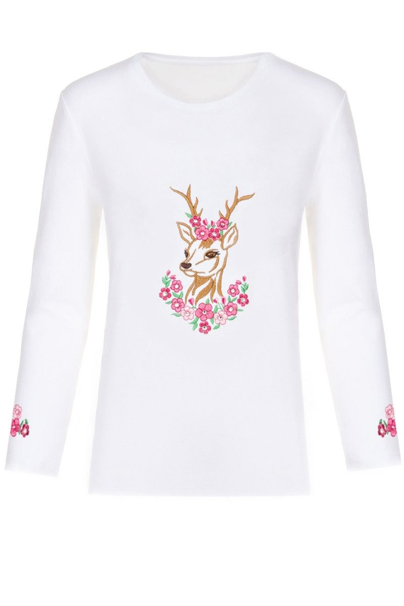 Isar-Trachten Trachtenbluse Longsleeve Kind - BLUMENREHLEIN - weiß/rosa