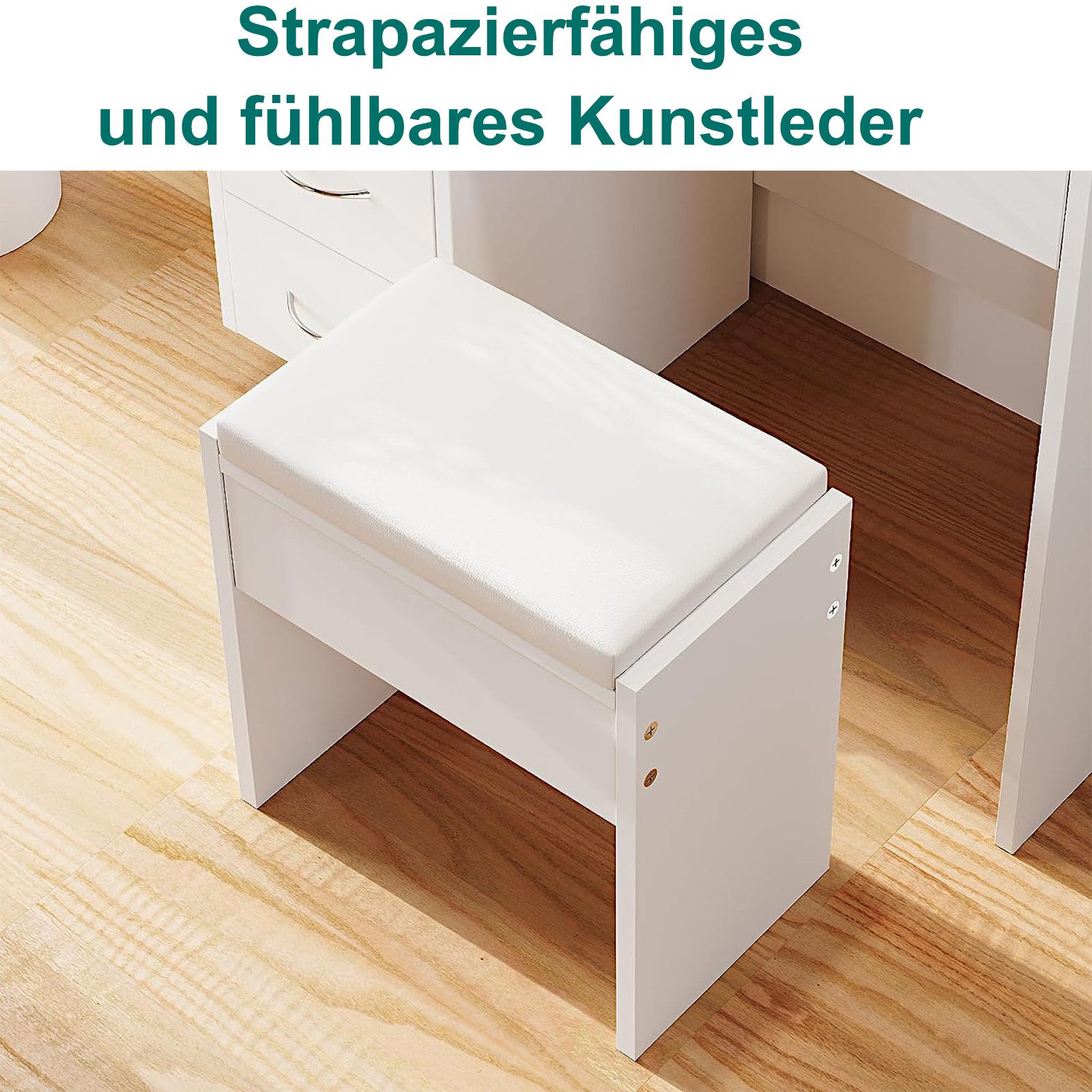 OUNUO Schminktisch Frisiertisch mit Spiegel Hocker und 4 Schubladen Kosmetiktisch – Bild 5 von 5