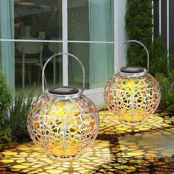 etc-shop Gartenleuchte, LED-Leuchtmittel fest verbaut, Warmweiß, LED Außen Solar Leuchte Kugel Geflecht silber-antik Garten Strahler
