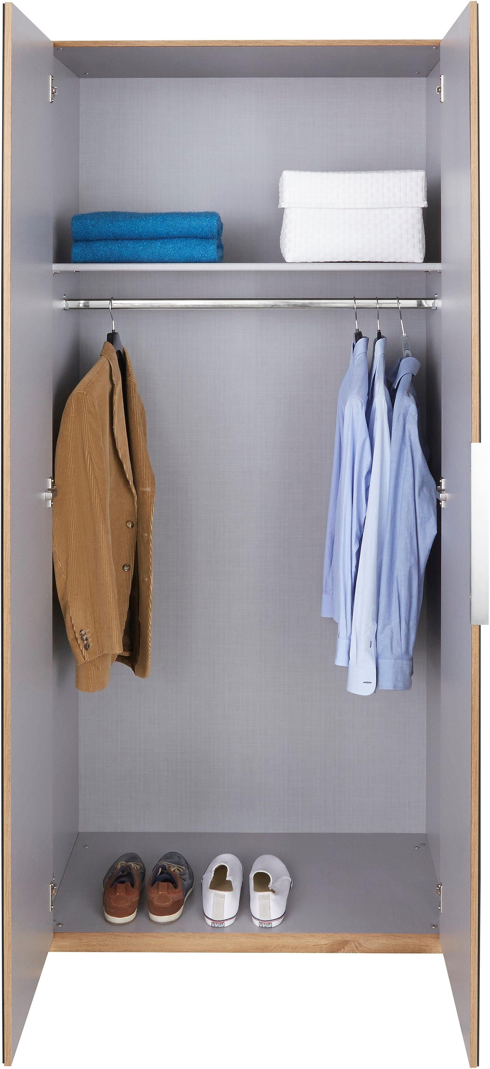 To Go vollflächig Türen Fresh Kleiderschrank Level farbigem mit plankeneichefarben/Grauglas Glas