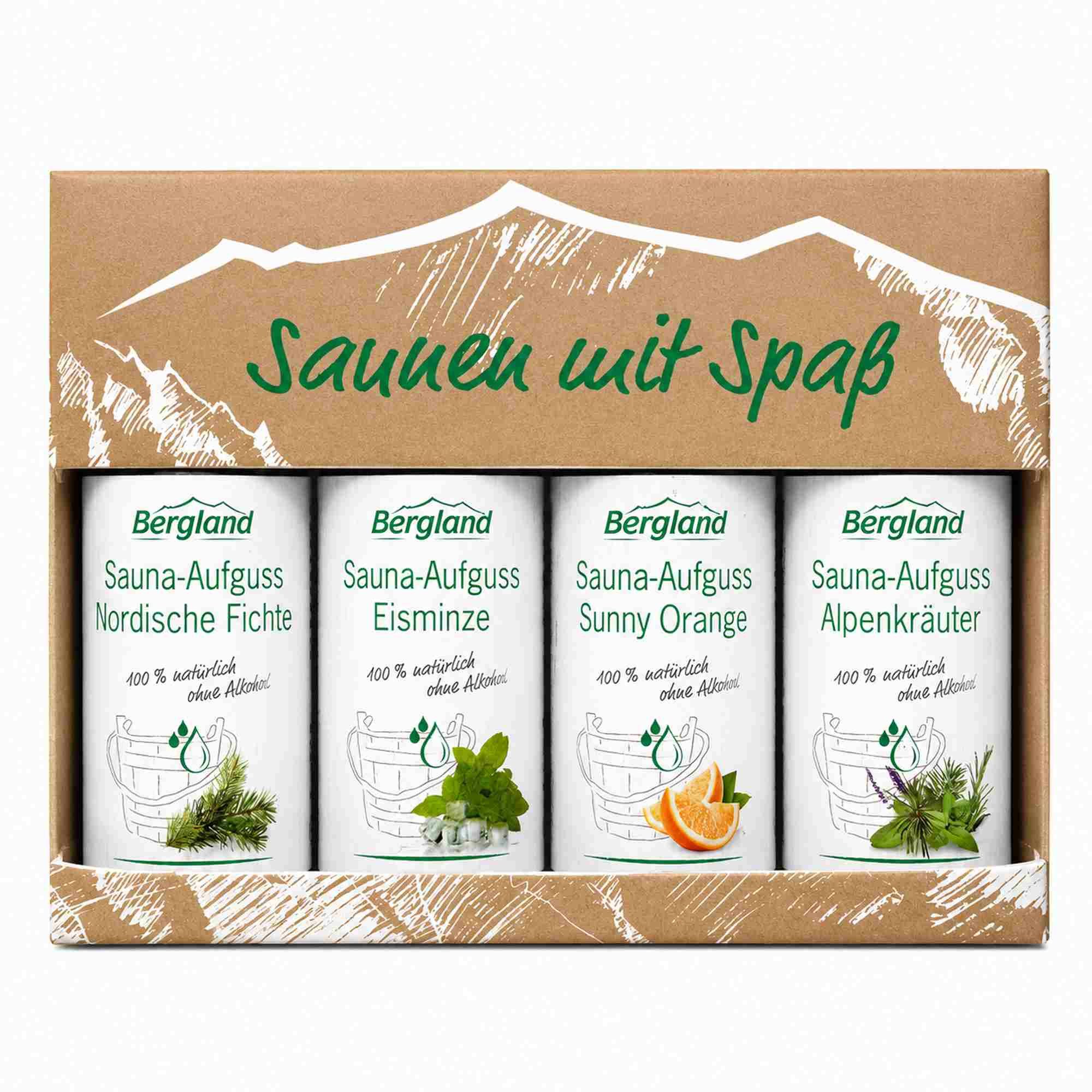 Bergland Sauna-Aufgussset SAUNEN mit Spaß 4 versch.Sorten Konzentrat