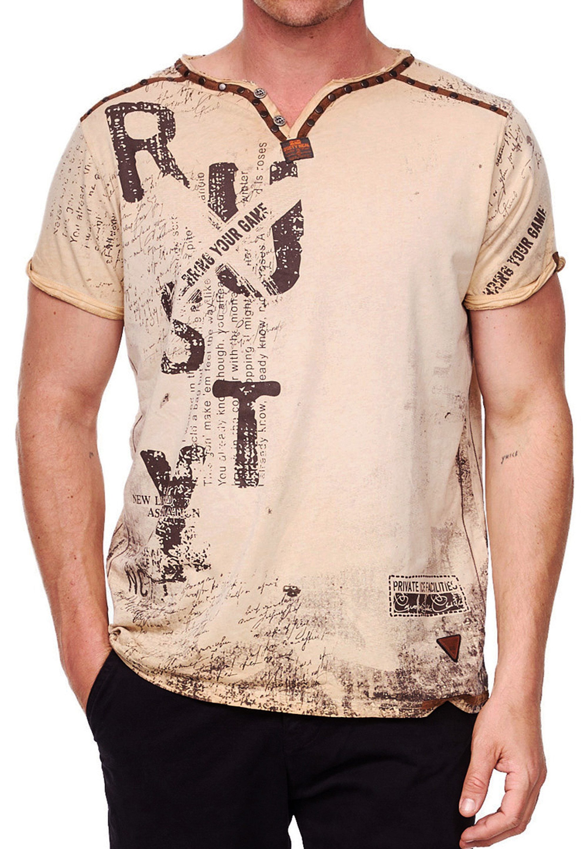 R-NEAL T-Shirt T-Shirt Herren Weit-Geschnittener Wildleder V-Neck mit Front Prints