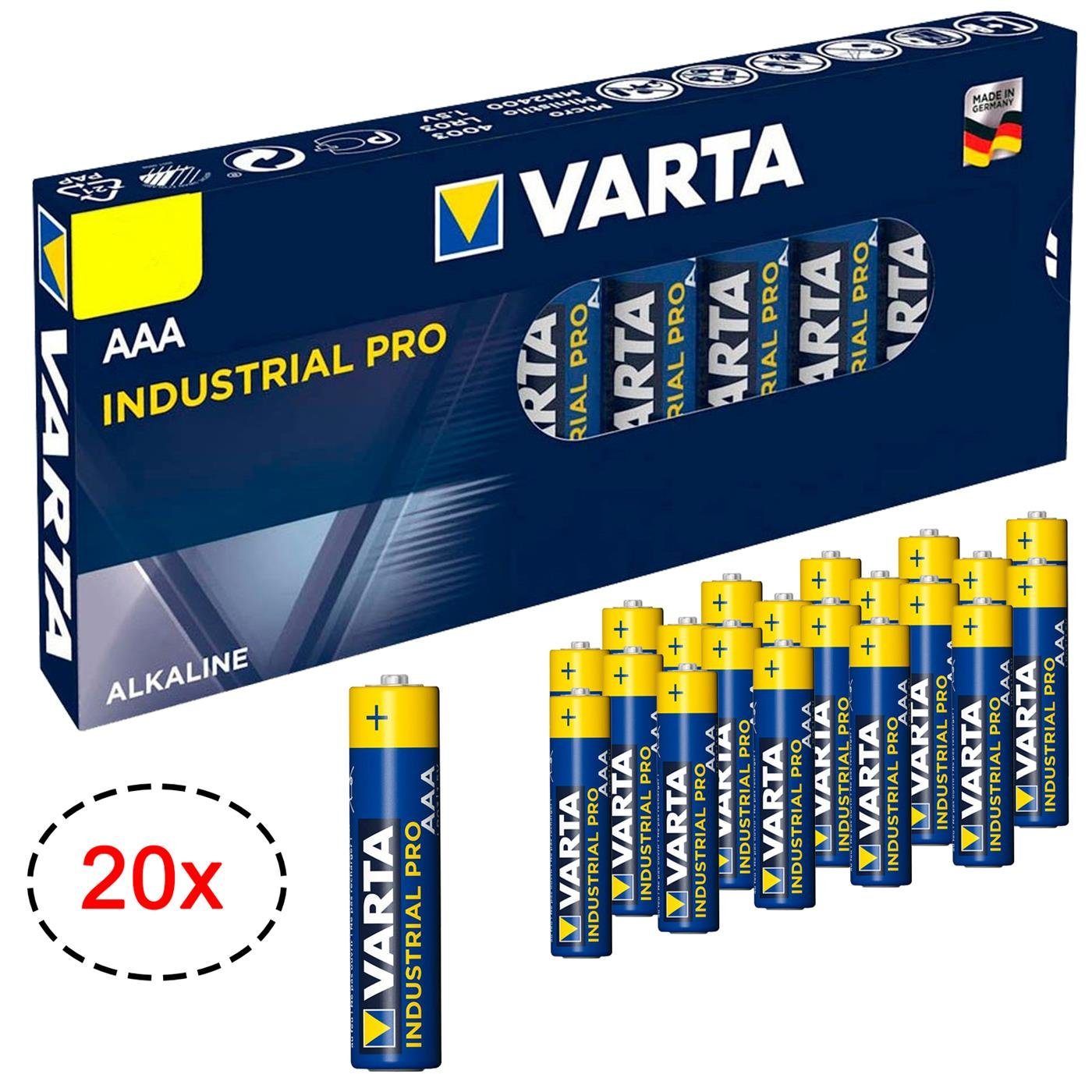 VARTA 20er Pack AAA Industrial Alkaline Micro Batterie, (1,5 V, 20 St), Made in Germany Batterien 1,5V für Taschenlampe Spielzeug Wand Uhr