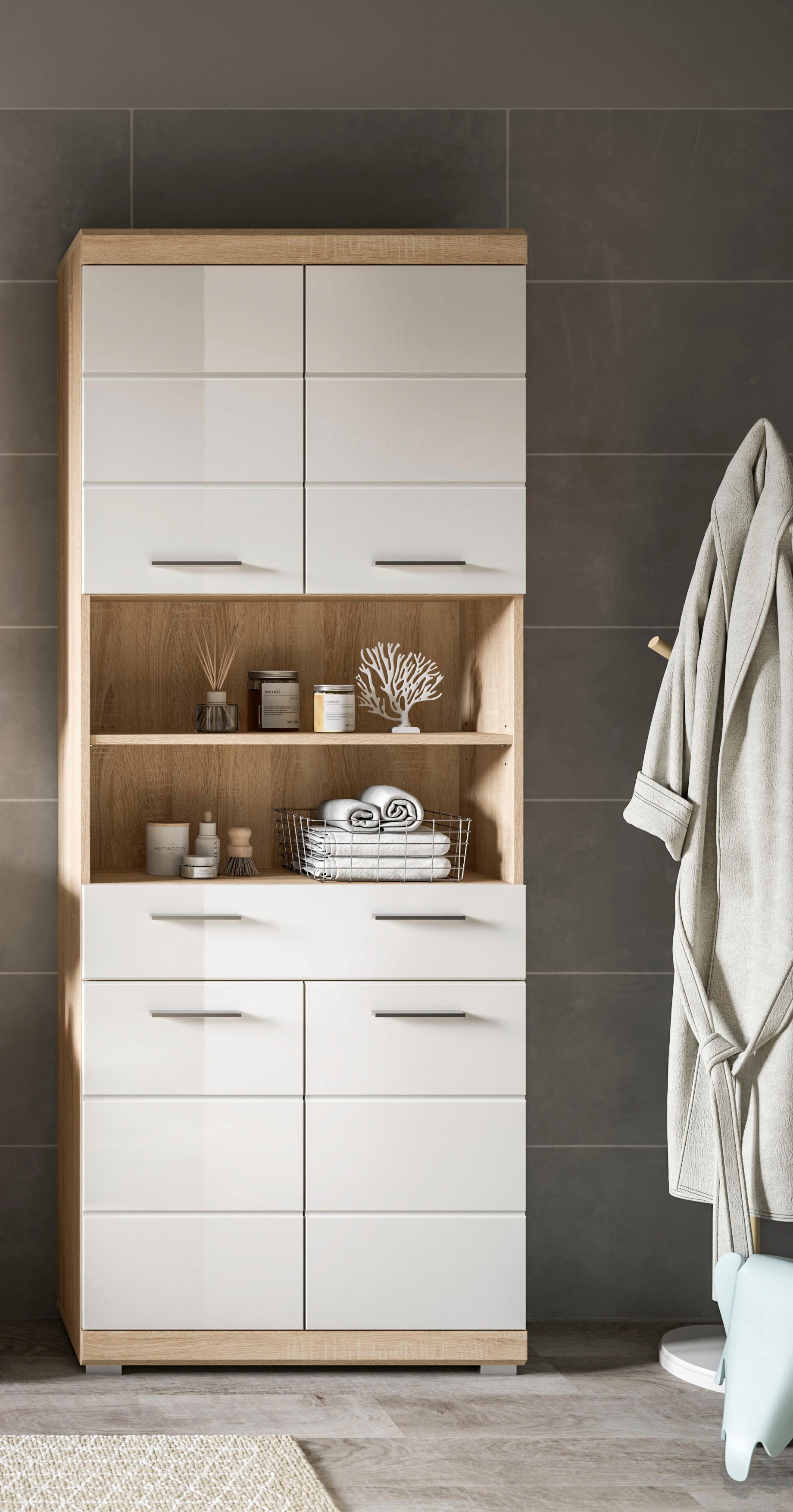 welltime Hochschrank SIENA, Breite 74cm, 4 Türen, 1 Schubkasten, 2 offene Fächer, MDF-Front (TOPSELLER) in verschiedenen Farben erhältlich, Badmöbel, Badschrank, Schrank, Bad