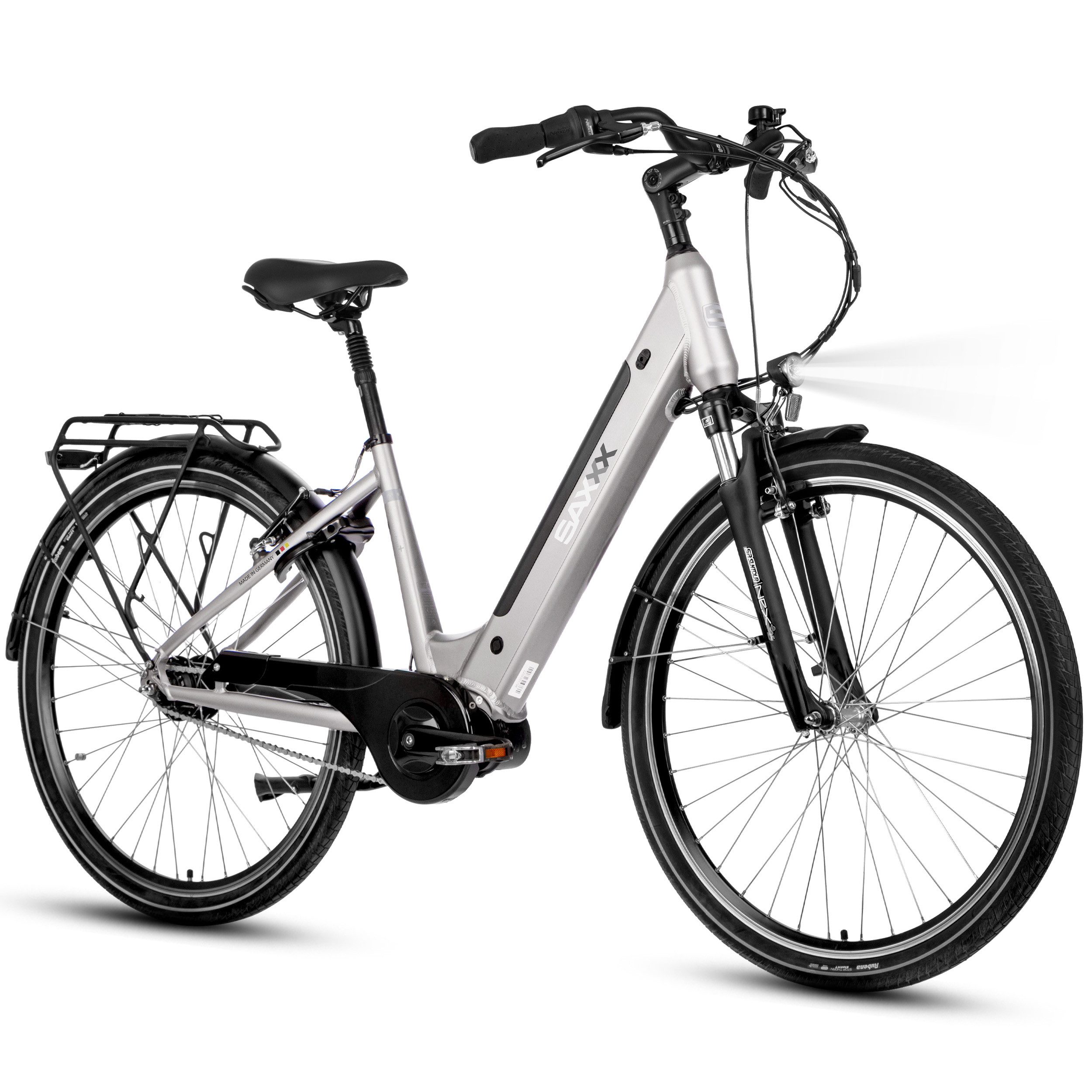 SAXXX E-Bike Cityrad 28'' für Damen und Herren, Pedelec E-Citybike 60-100km, V-Bremsen, 7 Gang Shimano Nexus Schaltwerk, Nabenschaltung, Mittelmotor, 418 Wh, (mit Akku-Schlüssel, mit Rahmenschloss, mit Gepäckträger), Elektrofahrrad mit Federgabel und gefederter Sattelstütze