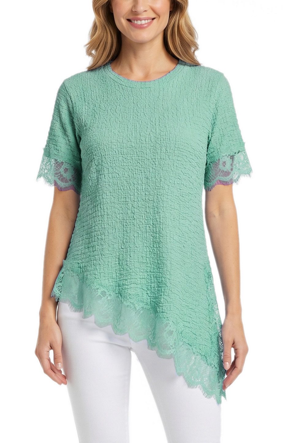 dy_mode Longtunika Damen Longshirt mit Spitzen Kurzarm Tunika in Knitter-Optik Oberteil in Unifarbe, Knitter-Optik, asymmetrisch mit Spitzen-Saum