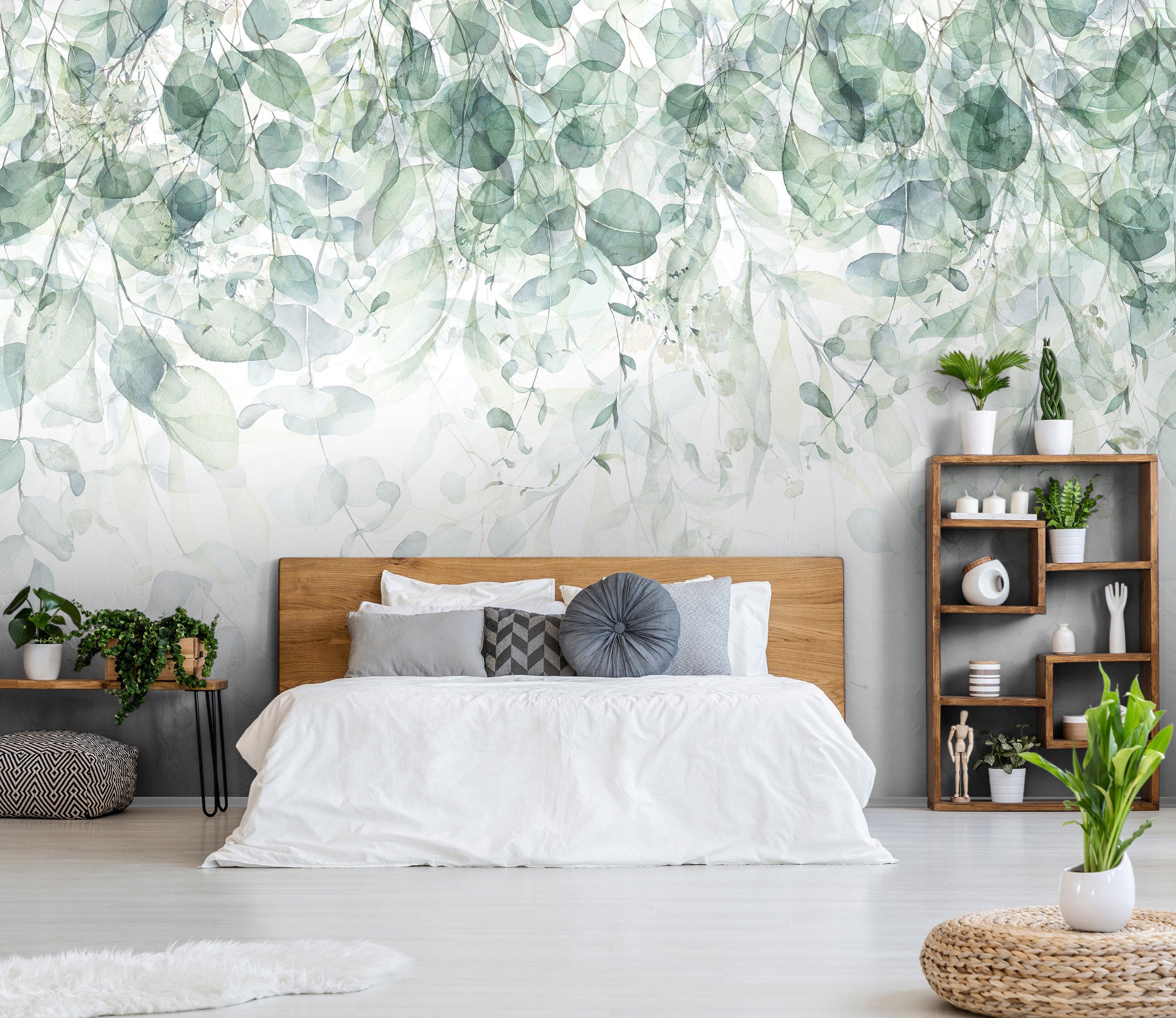 Wallarena Fototapete Selbstklebend Blätter Pflanzen Pastell Laub wie gemalt  Weiß Grün Modern Wohnzimmer Schlafzimmer, Struktur, botanisch, Selbstklebende  Fototapete