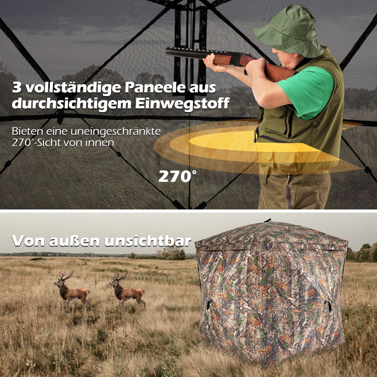 COSTWAY Angelzelt, Personen: 3, Pop-Up Jagdzelt mit geräuschloser Magnettür