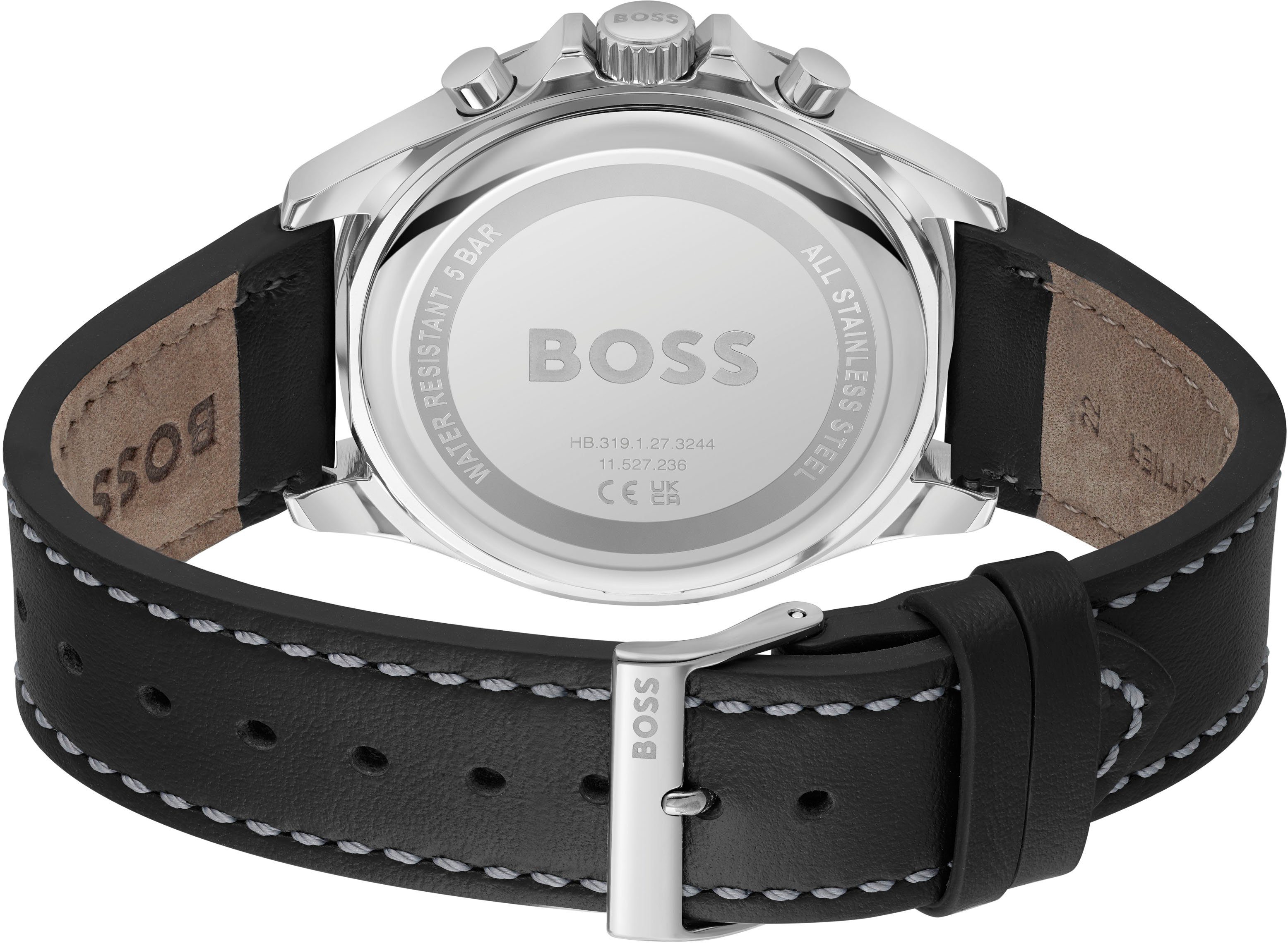 BOSS Chronograph TROPER 1514055, Quarzuhr, Herrenuhr, Armbanduhr, Stoppfunktion, Lederarmband