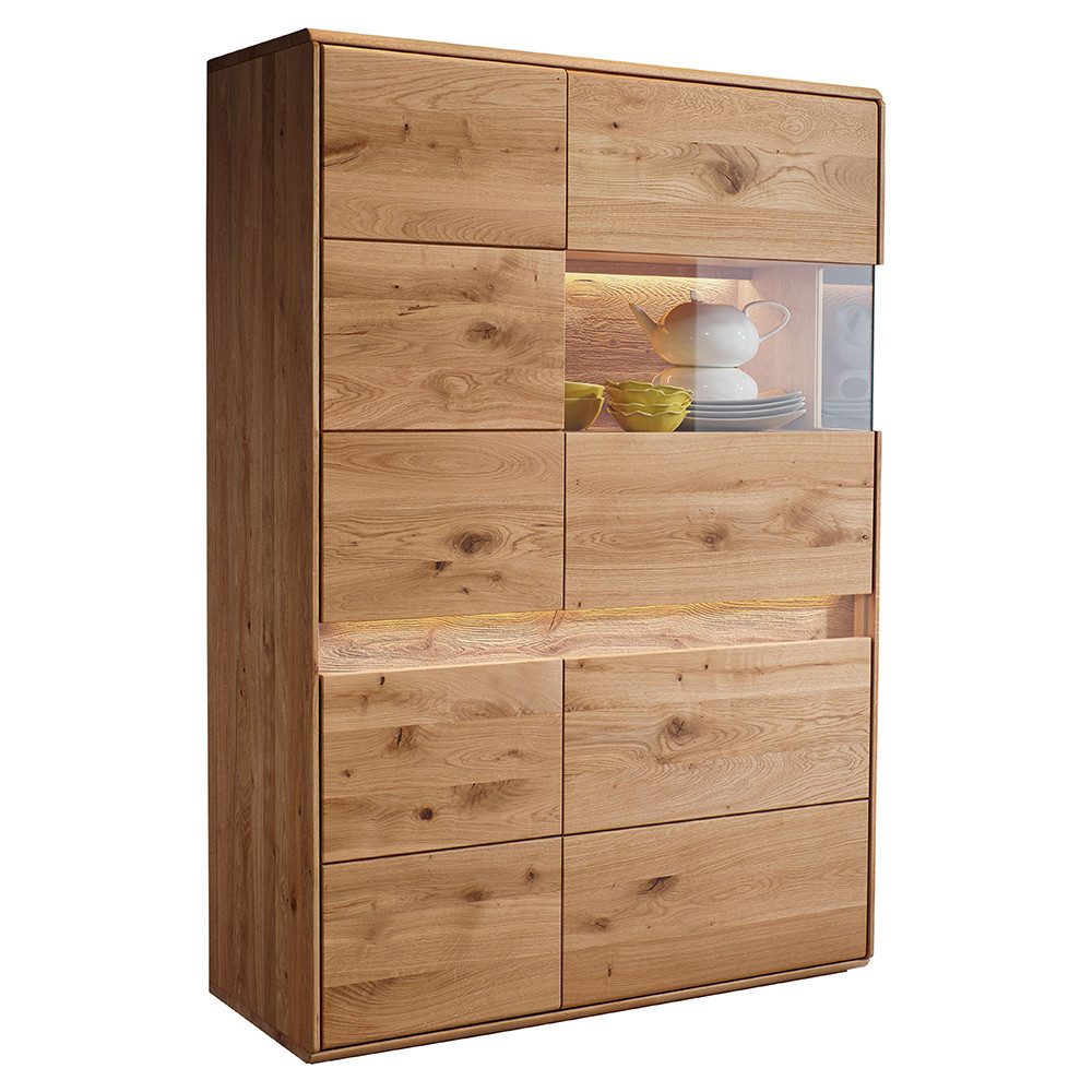 Lomadox Highboard WELLAND-69, 103 cm, Eiche massiv geölt mit LED-Beleuchtung, Türanschlag rechts
