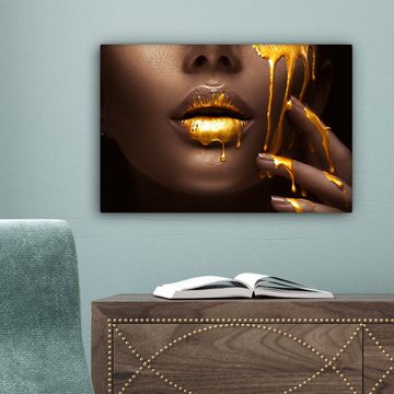 OneMillionCanvasses® Leinwandbild Gold - Frau - Farbe - Lippen - Luxus, (1 St), Wandbild Leinwandbilder, Aufhängefertig, Wanddeko, 30x20 cm
