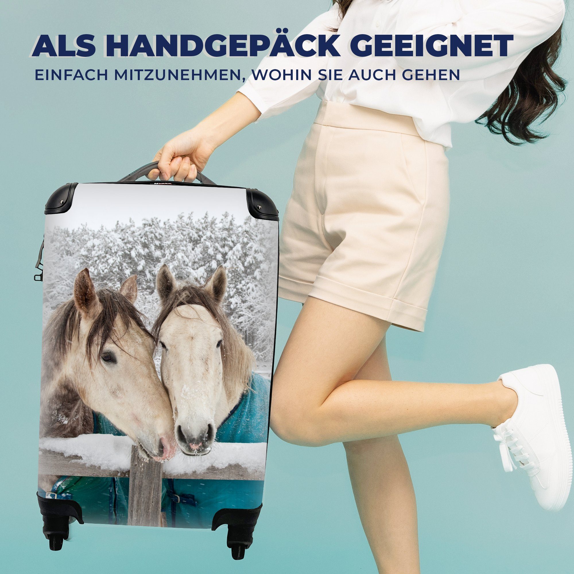 MuchoWow Handgepäckkoffer 4 Handgepäck für - Trolley, mit Reisetasche rollen, Ferien, Rollen, Reisekoffer Decke - Schnee, Pferde