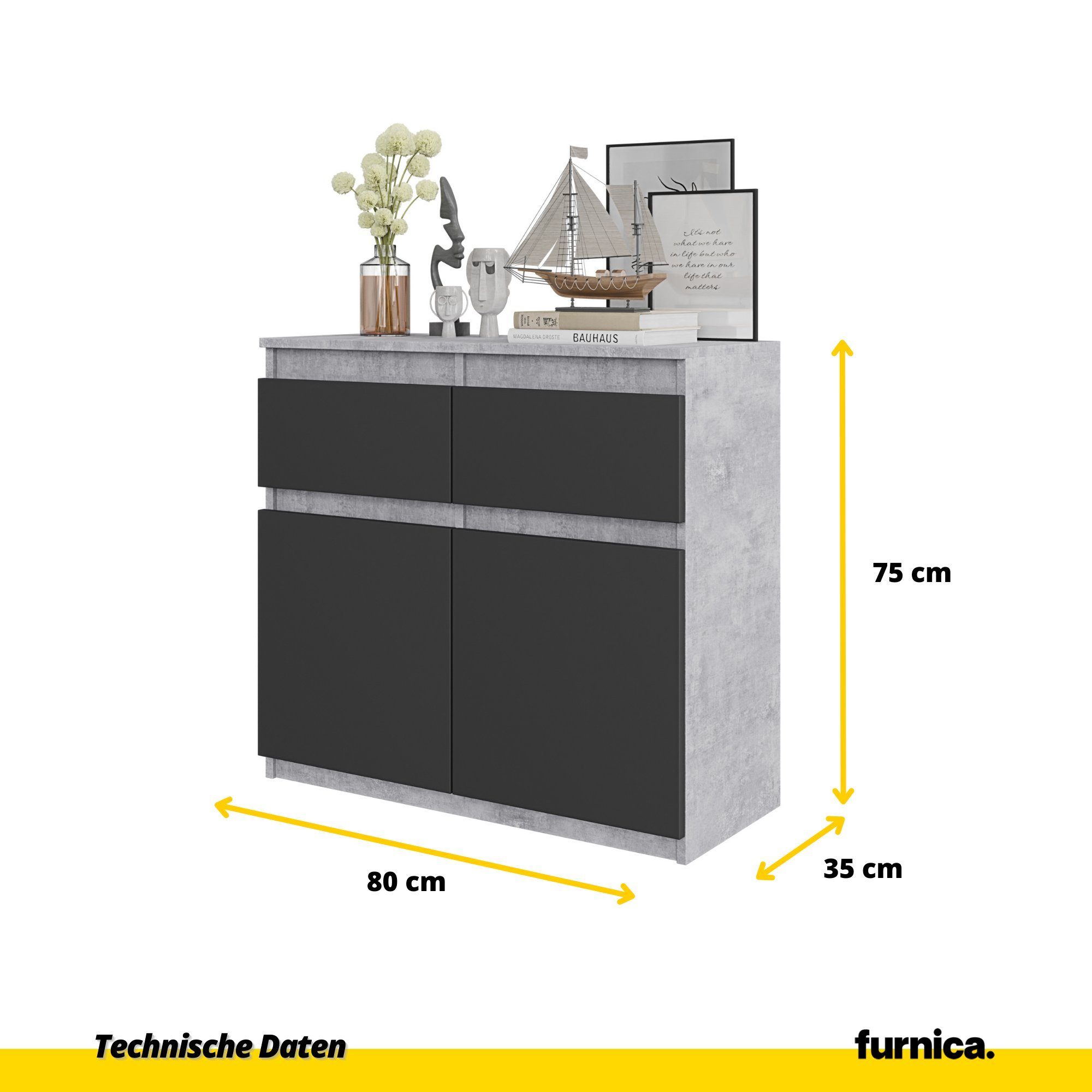 Furnica (1 NOAH Grau H75cm Beton-Optik/Anthrazit Türen Kommode 2 - Beton-Optik Schubladen und T35cm 2 St) B80cm