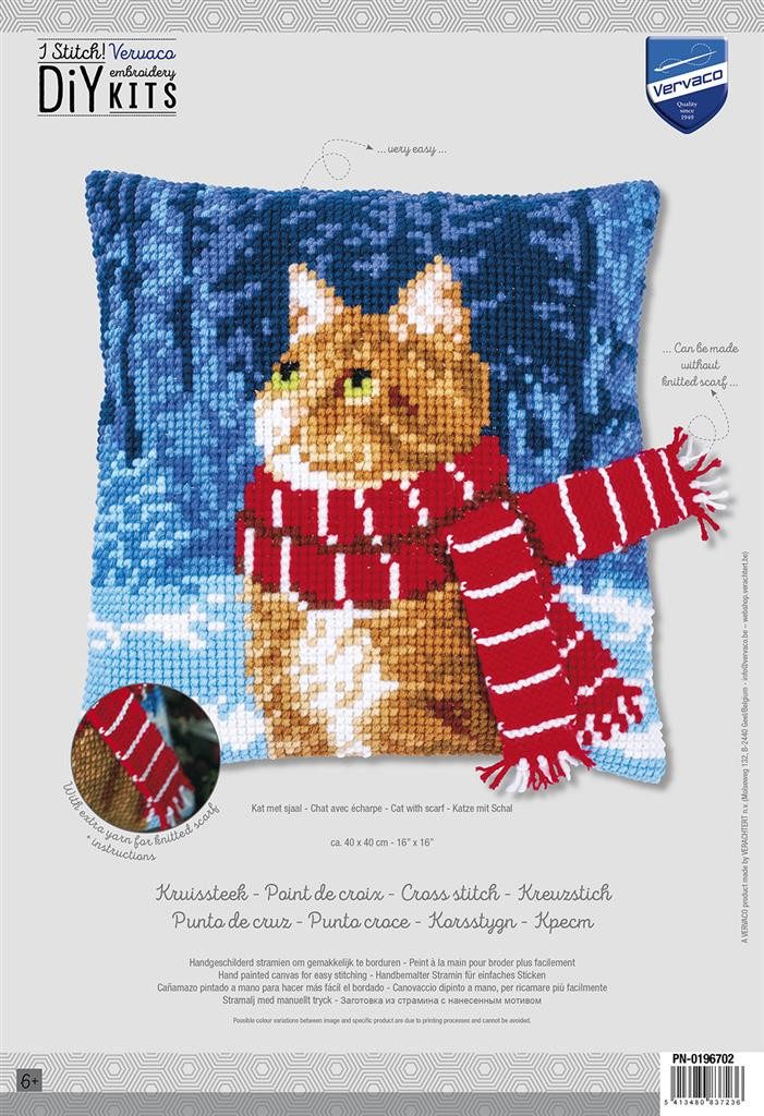 Vervaco Kreativset Vervaco Kreuzstichkissen Katze mit Schal, (Set, embroidery Kit), Made in Europe