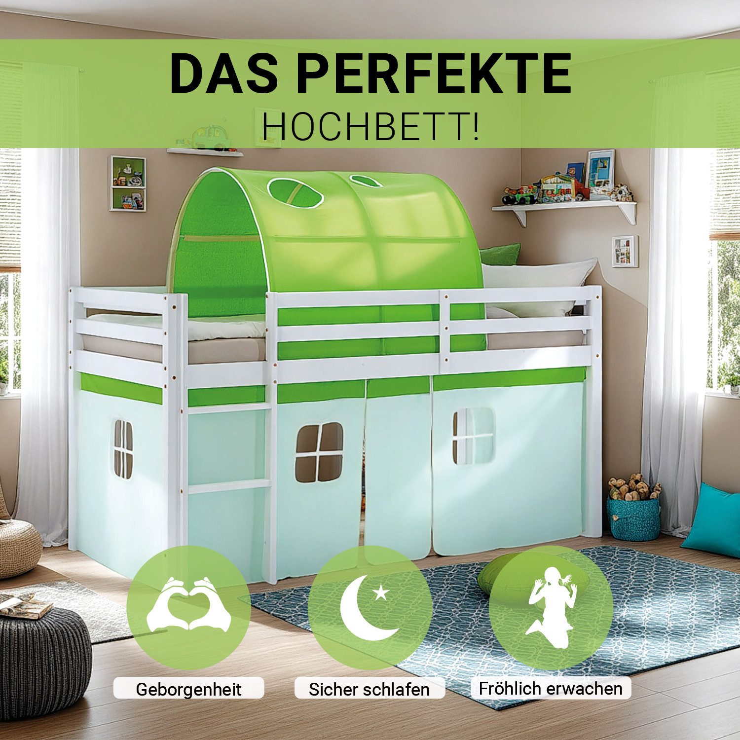 Homestyle4u Hochbett 90x200 Vorhang Stockbett Kinderbett Holz Kiefer Weiß G günstig online kaufen