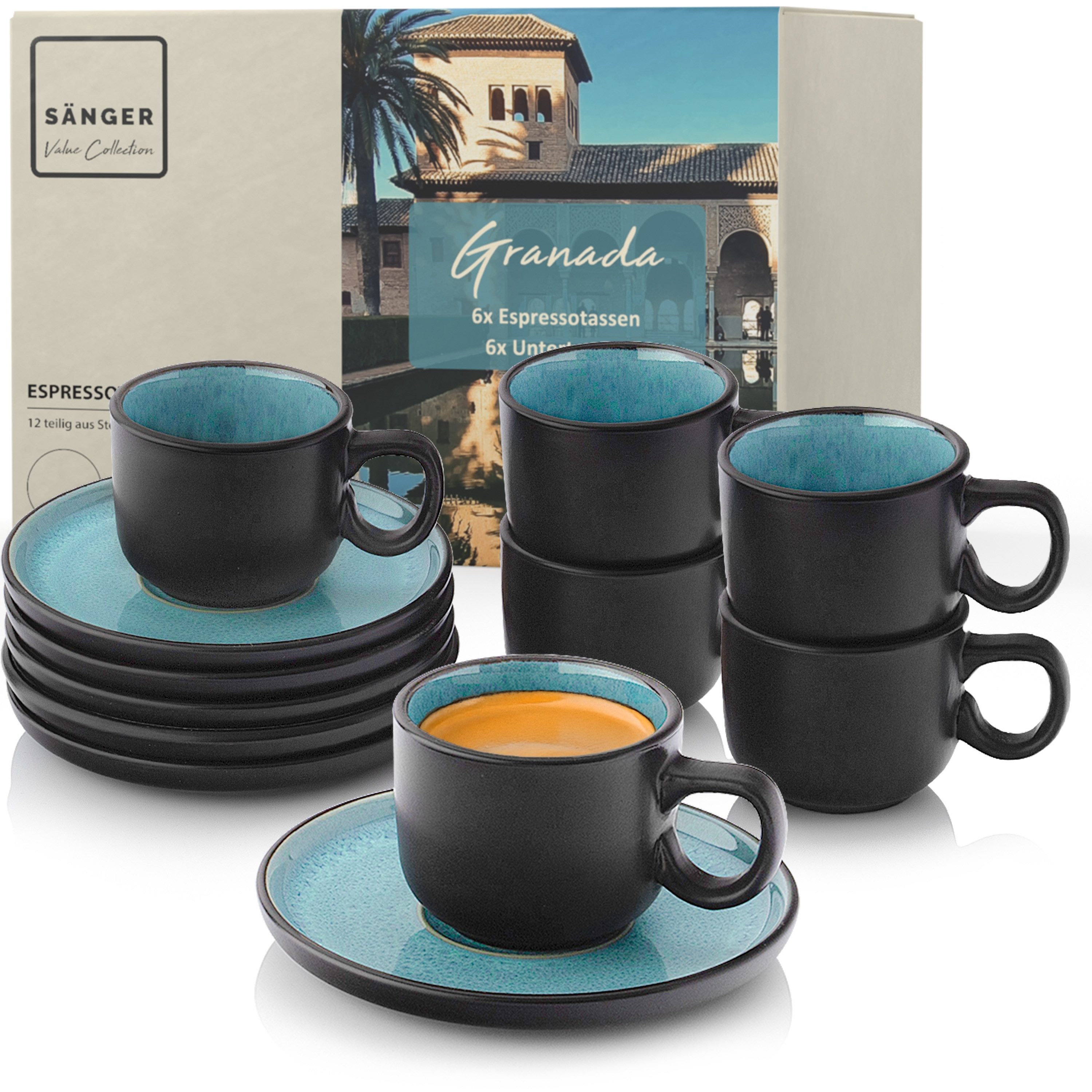 SÄNGER Espressotasse Set Granada 12 tlg., Steingut, 80 ml, Handmade, Blau, Erweiterbar, VALUE COLLECTION