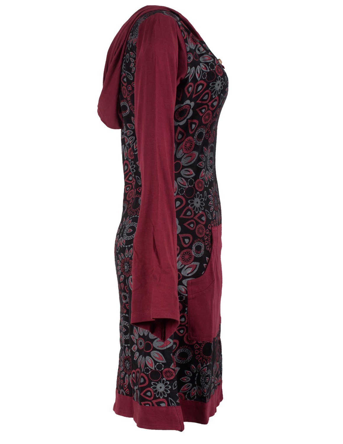 Damen Kleider Vishes Jerseykleid Kapuzenkleid mit Blumen bedruckt und Kängurutasche Ethno, Goa, Boho, Hippie Style