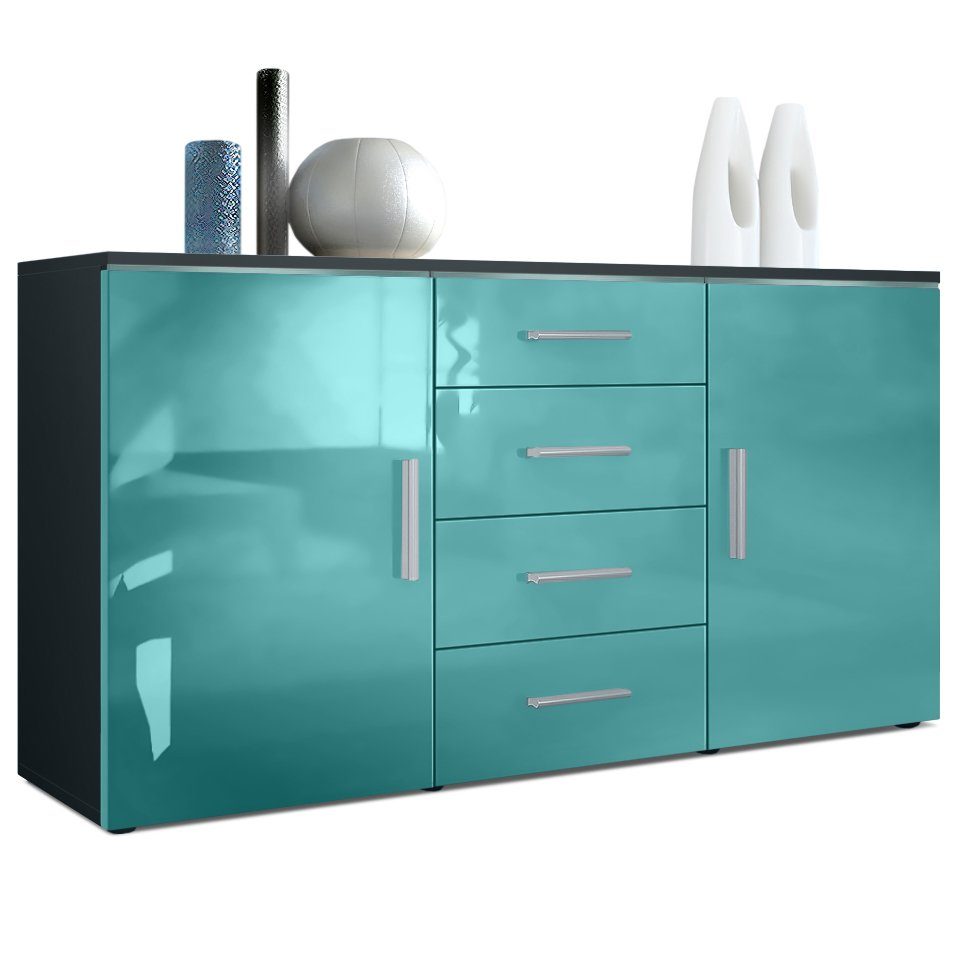 Vladon Sideboard Faro (Kommode, mit 2 Türen und 4 Schubladen), Schwarz matt/Petrol Hochglanz (139 x 72 x 35)