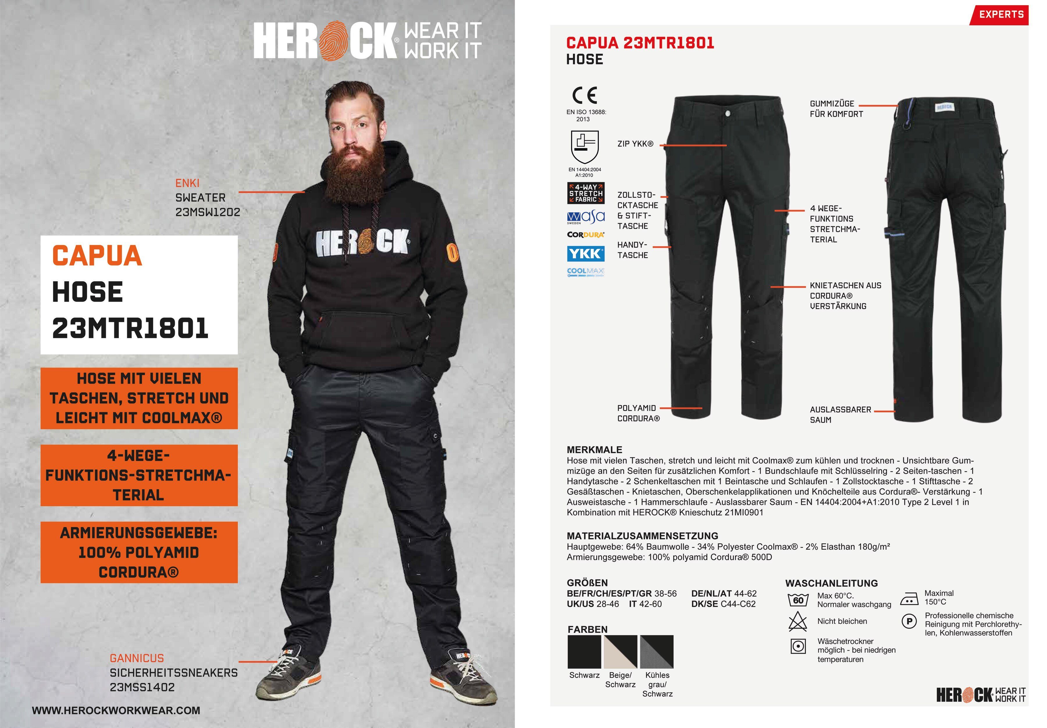 Stretch, leicht Arbeitshose schwarz Farben -Techn.; Herock mit Capua Taschen, Viele mehrere Coolmax® Hose