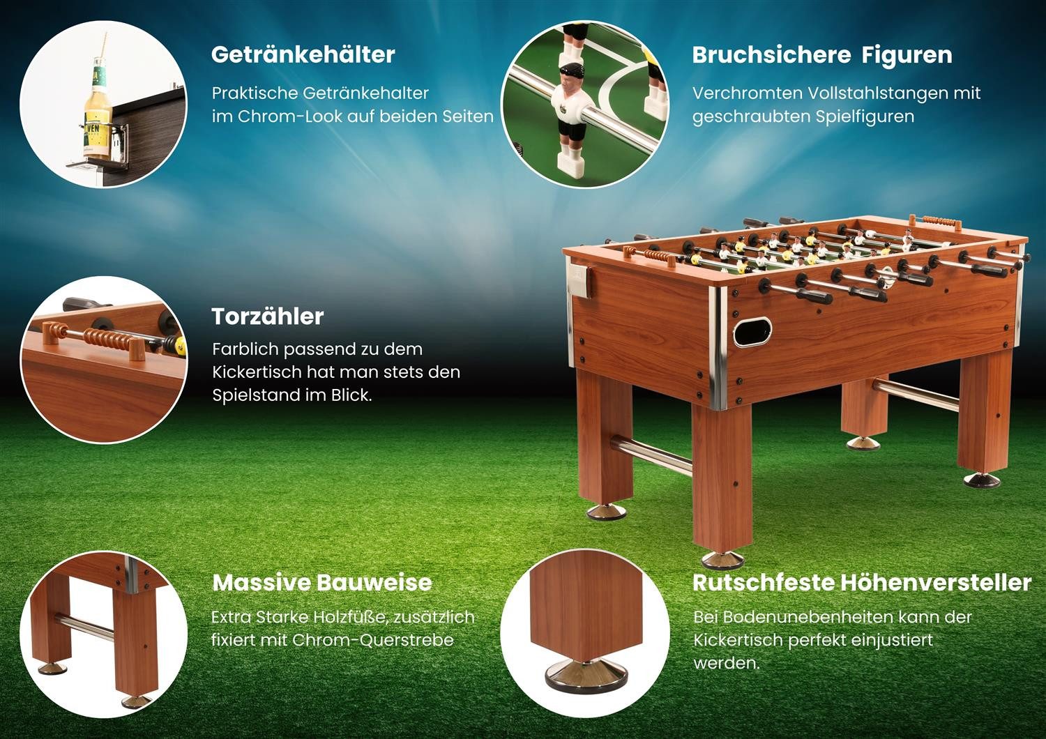 Bandito Kickertisch Tischkicker Profi Soccer Deluxe in holzdekor, 140 x 134 x 88 cm, Tischkicker Kickertisch – Bild 2 von 5