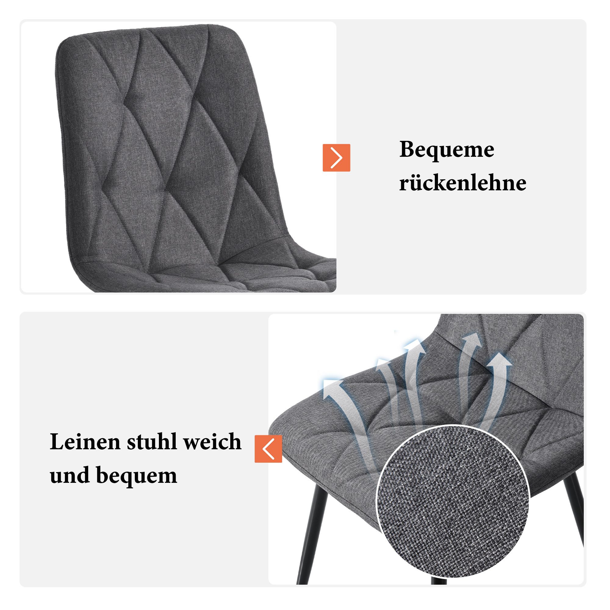 IDEASY 4-Fußstuhl 4St, Polsterstuhl Design Stuhl, Tragfähigkeit 150kg, Küchenstuhl, Hohe Rückenlehne, Esszimmerstuhl mit Samt/Leinen, Metallbein