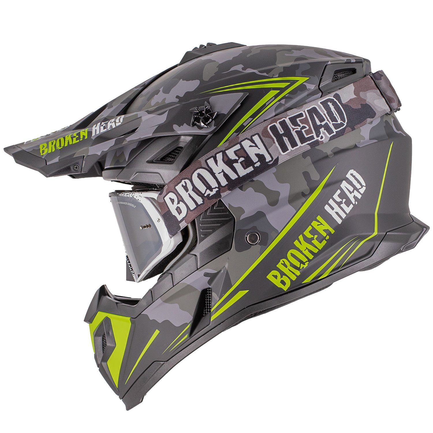 Broken Head Motocrosshelm Squadron Grau-Grün (mit MX-Brille Regulator Schwarz), Mit zwei Verschlüssen