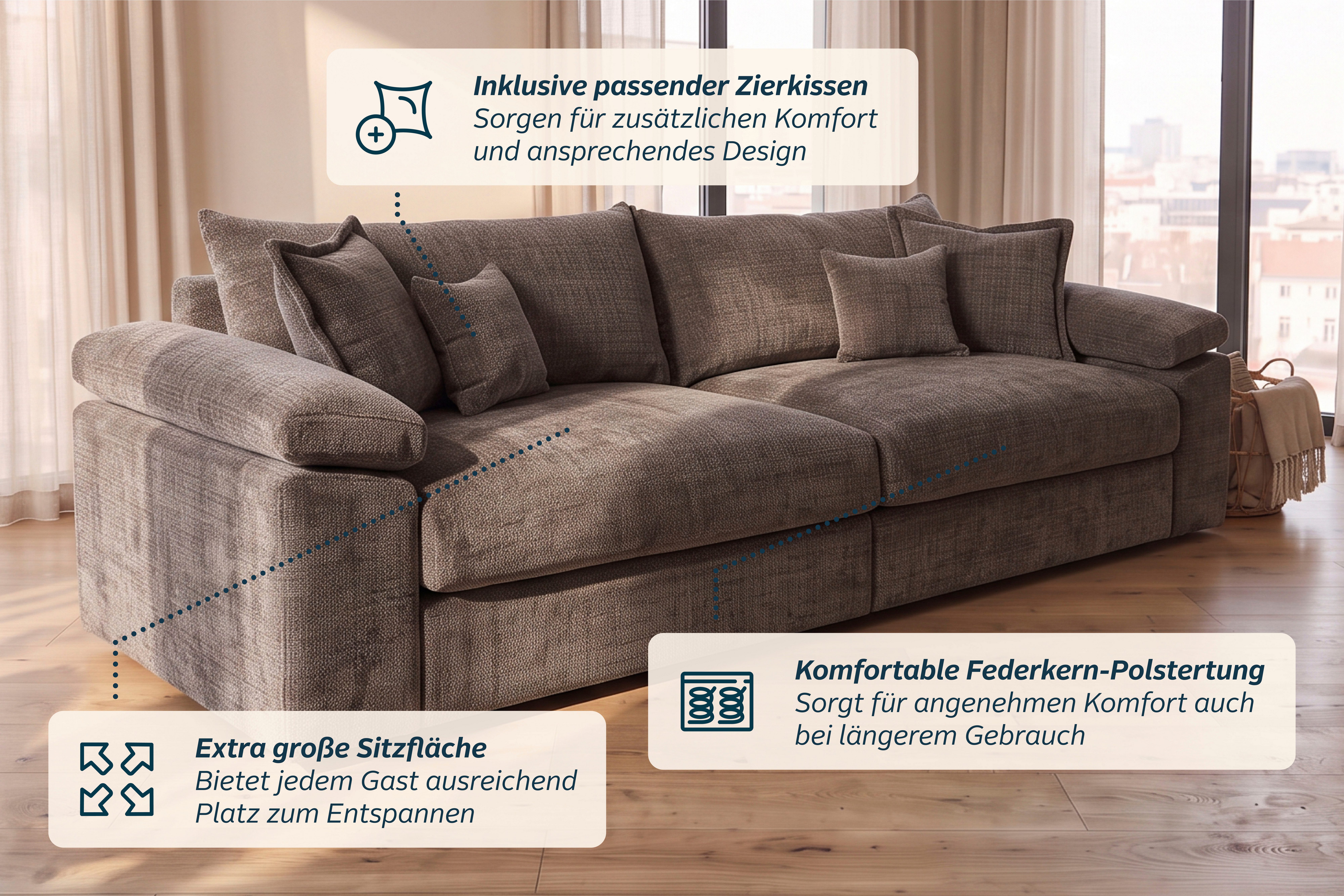 OTTO home Big-Sofa Soft&Cosy XXL, B: 303 cm - OTTO. Verlässliche Qualität., Mega-Sofa, Cord oder Chenille-Struktur, mit Federkern & 4 Zierkissen – Bild 5 von 5