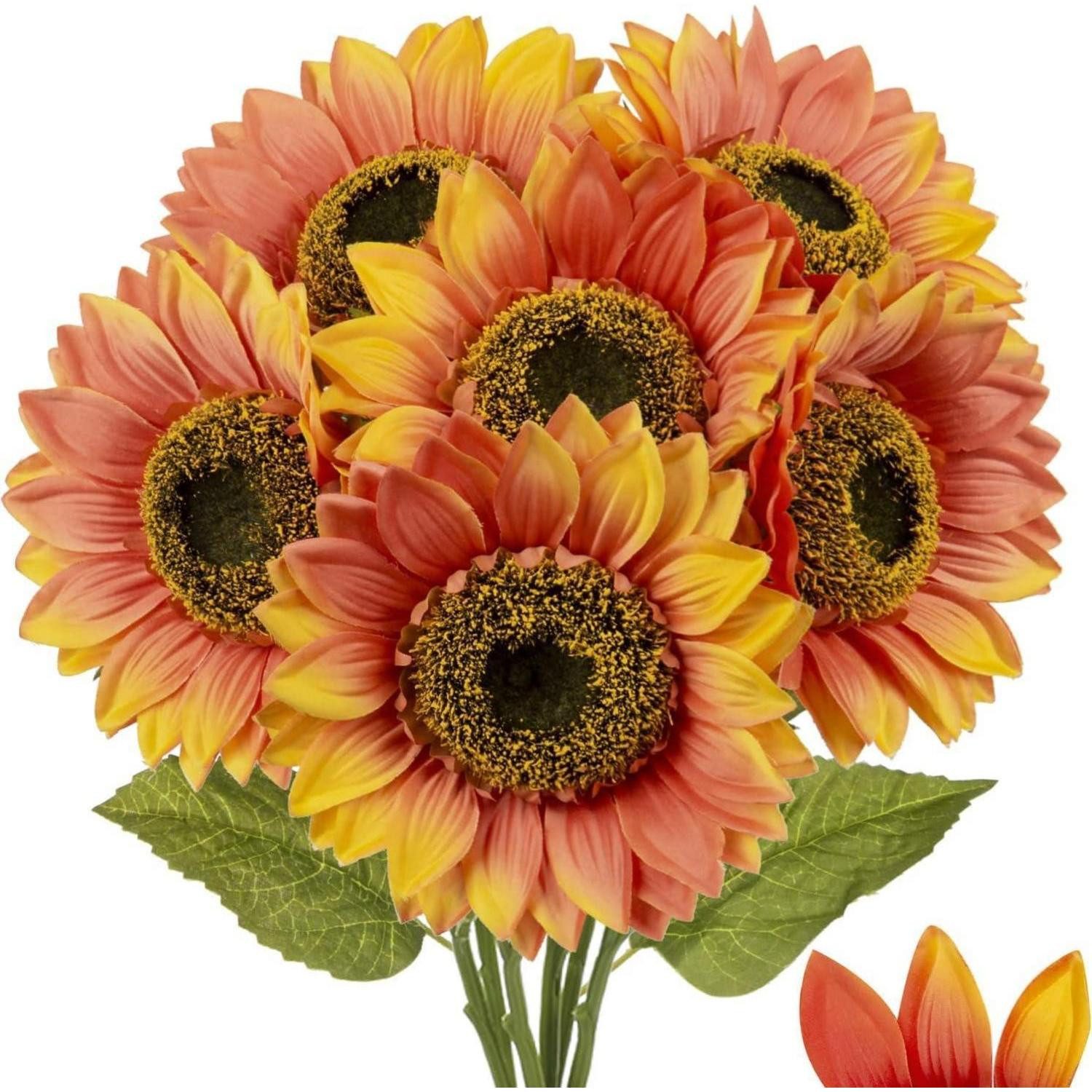 Kunstblume Künstliche Sonnenblumen Groß Orange Blüte Seidenblumen Deko 6 Stücke, LuxusKollektion