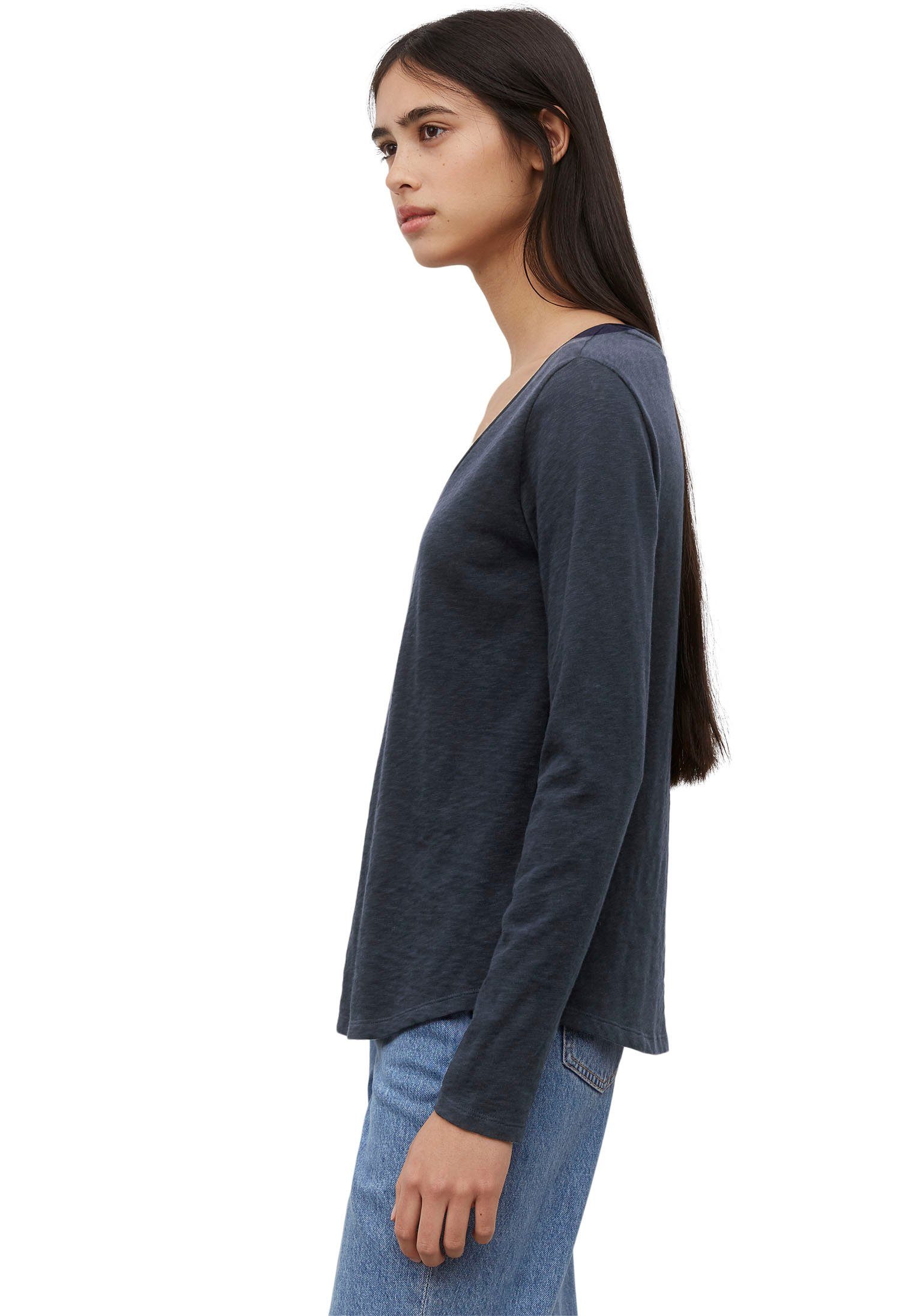 Marc O'Polo Langarmshirt V-Ausschnitt mit DENIM Blue Rollkante Scandinavian am