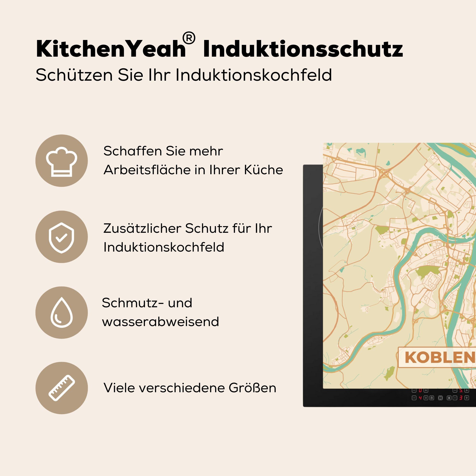 Vinyl, Herdblende-/Abdeckplatte 78x78 - Karte Ceranfeldabdeckung, Arbeitsplatte Koblenz - - für cm, küche tlg), (1 Stadtplan, Jahrgang MuchoWow