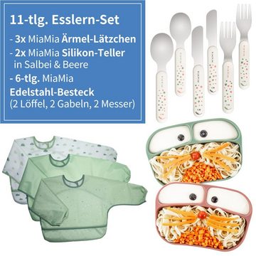 MiaMia Besteck-Set Salbei Beere (11-tlg), 2 Personen, 11-tlg. Esslern-Set - 2x Silikon-Teller, 2x Edelstahl-Besteck, 3x Ärmel Lätzchen - Salbei Beere