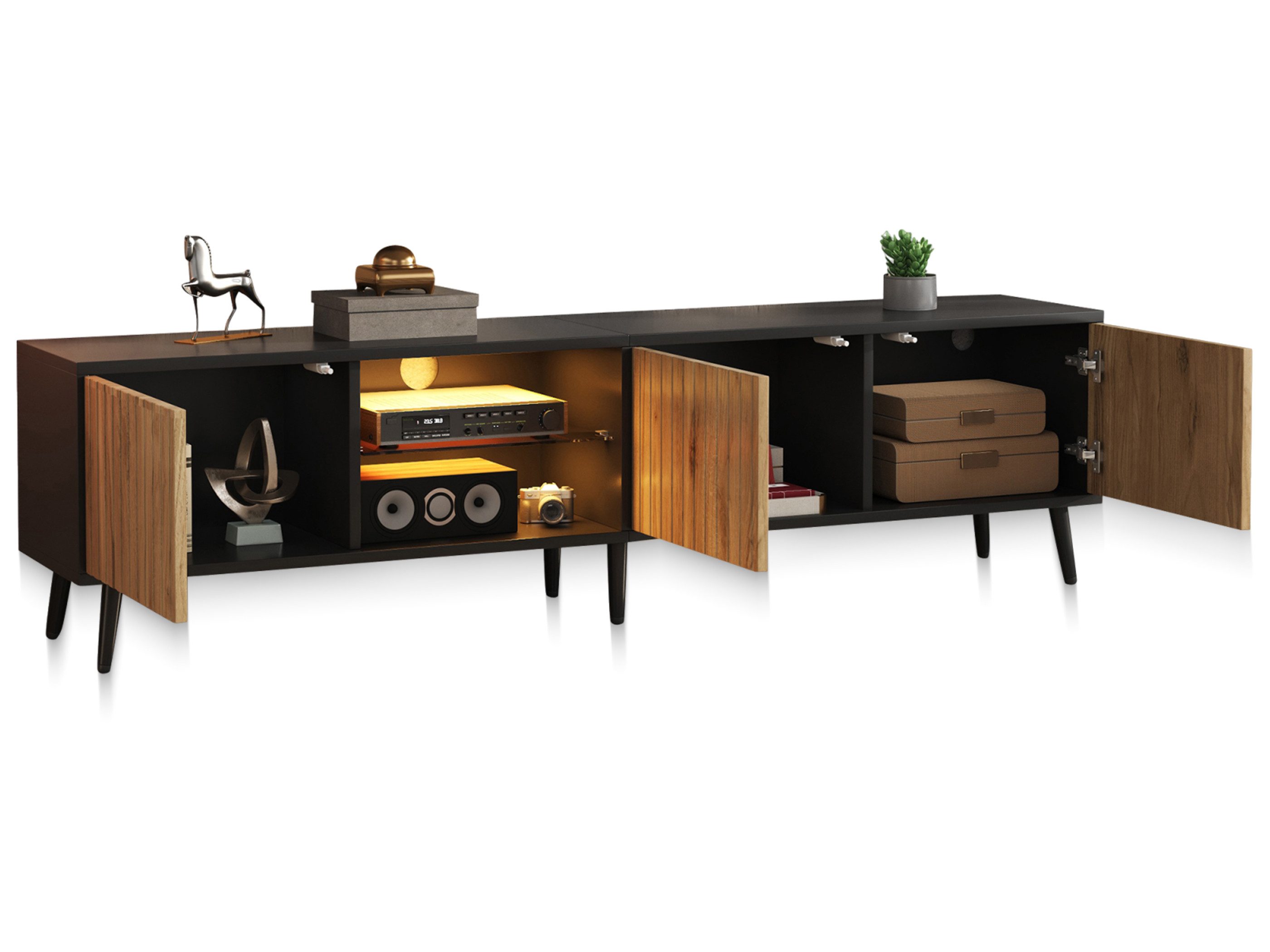 SeedWave Lowboard Moderner TV-Schrank Breite 175cm mit LED-Beleuchtung, Glasablagen, Fernsehtisch in Kontrastfarbe mit Metallbeinen, Kabeldurchführung