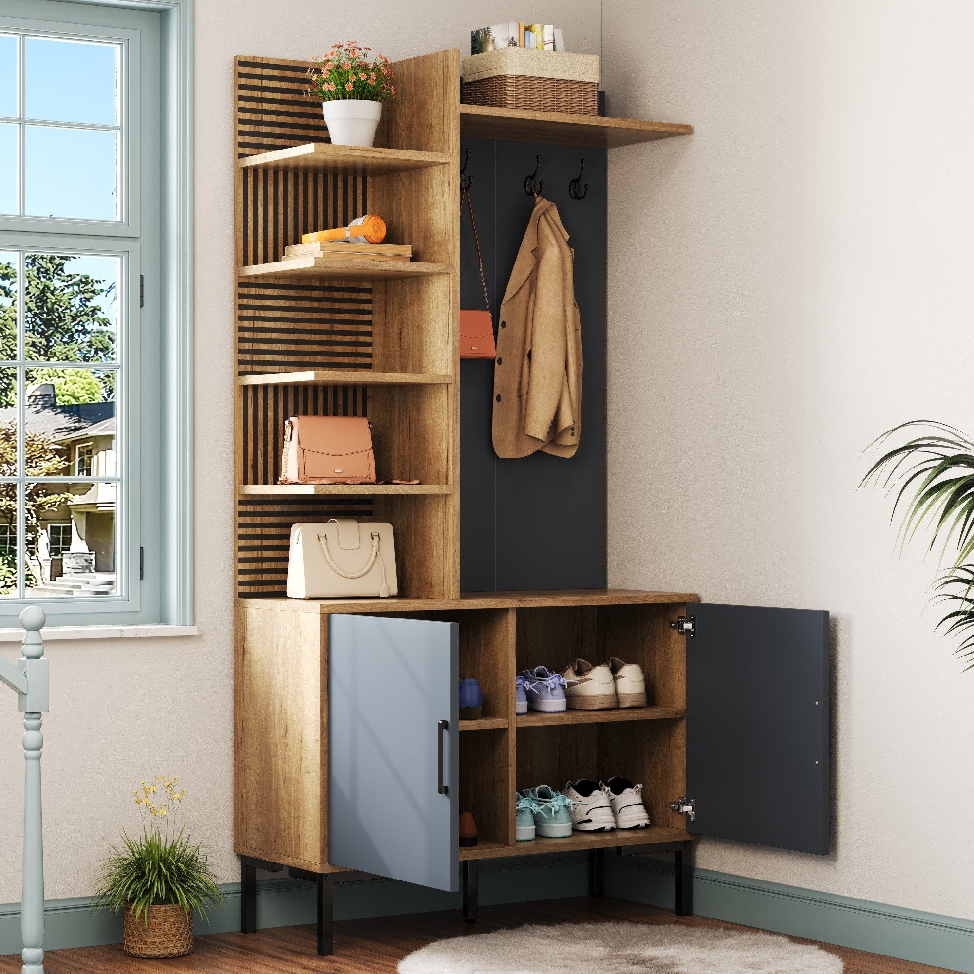 HAUSS SPOLE Garderoben-Set mit Schuhfach,Garderobenschrank Flurgarderobe mit Haken®alen, (Eingangsschrank, Garderobenständer, Flurschrank, 1-St., schwarzem Siebdruckstreifen), mit Schuhfach, Regalen, verstellbaren Trennwänden und Haken