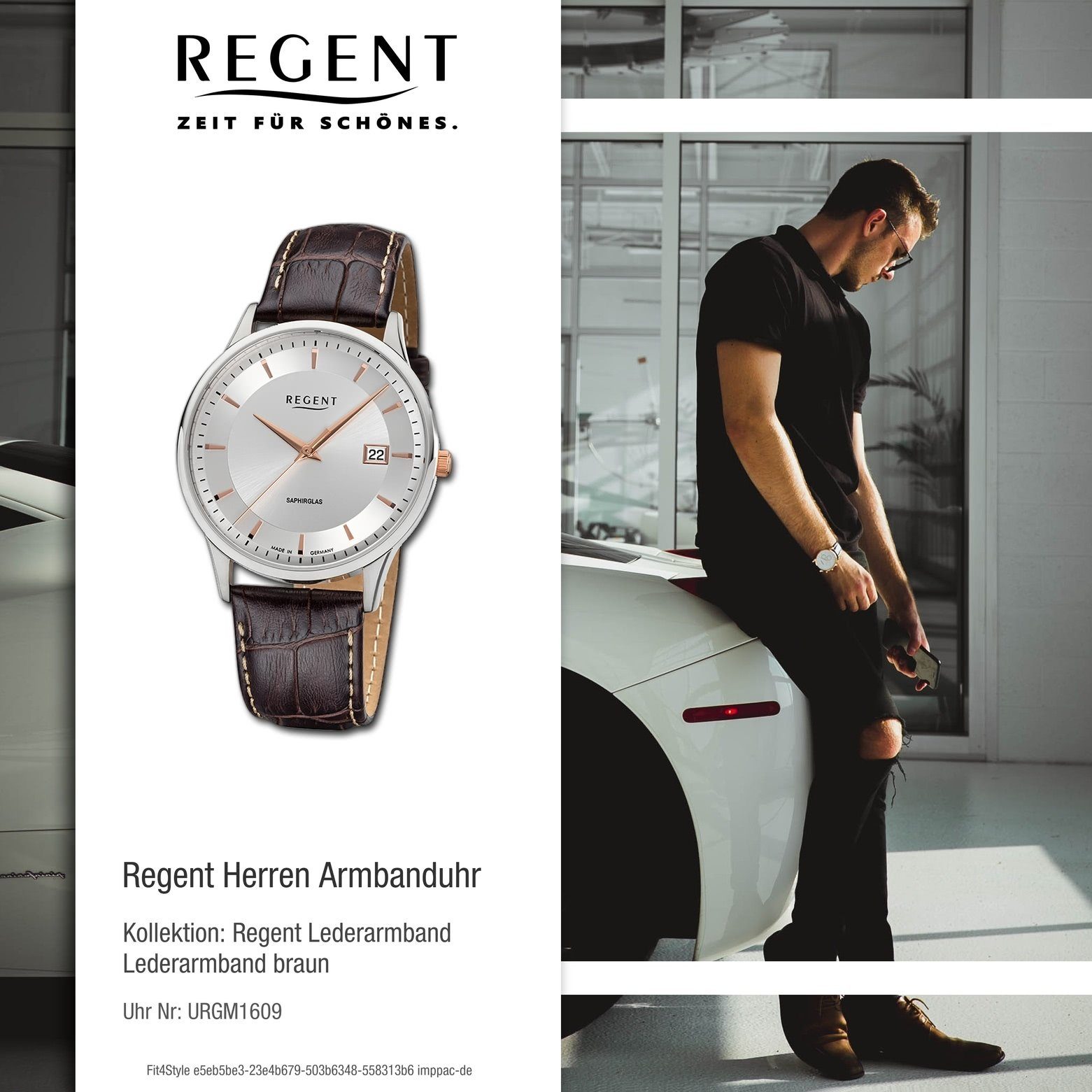 Herren Uhren Regent Quarzuhr URGM1609 Regent Herren Uhr GM-1609 Leder Quarz, Herren Armbanduhr rund, mittel (ca. 39mm), Edelstah
