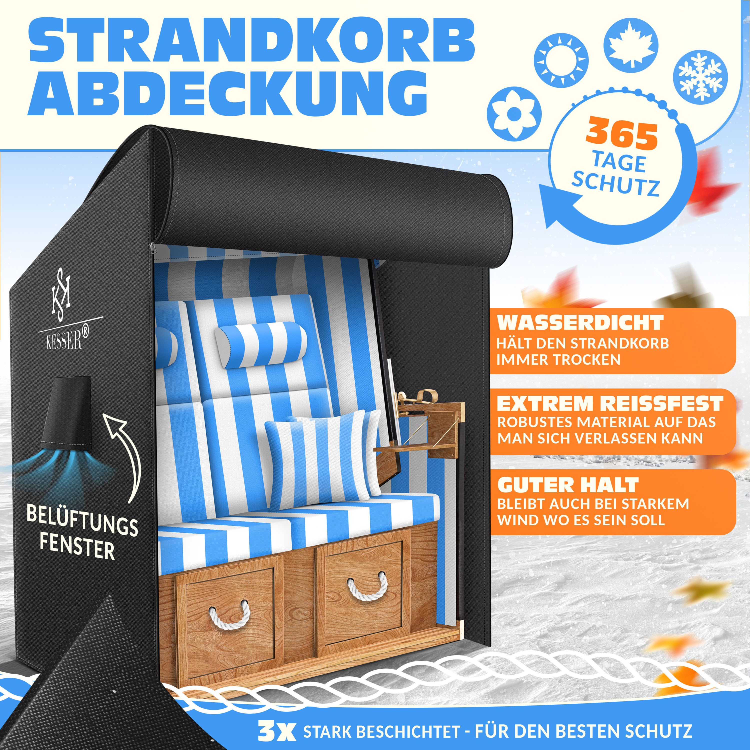 KESSER Strandkorb-Schutzhülle Premium Abdeckung 600D Oxford Gewebe (Strandkorbabdeckung mit Belüftungsöffnungen 160x120x90 cm), UV-Beständige Strandkorbhülle Reißfest, Winterfest & Wasserdicht