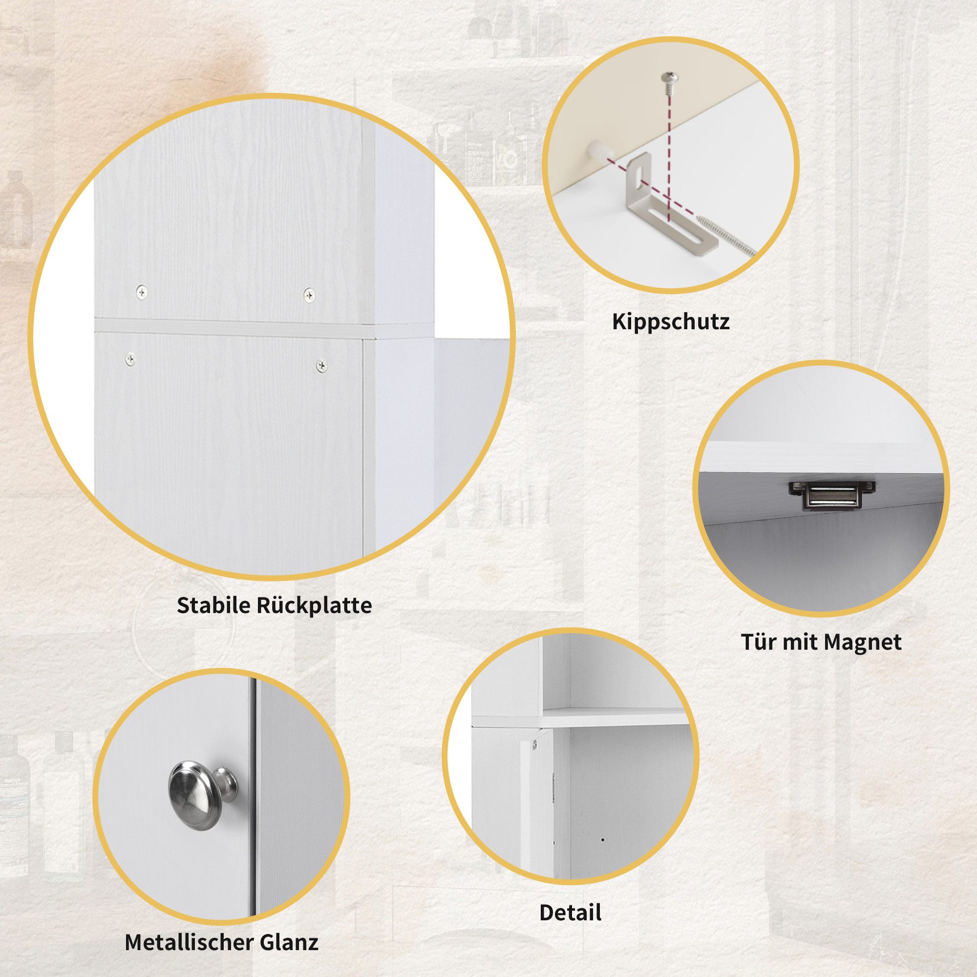 Flieks Badkommode Eckschrank mit 2 Türen und verstellbarem Einlegeboden (36.5x36.5x155 cm, 1 St., für Wohnzimmer, Arbeitszimmer, Schlafzimmer), Hochschrank mit  – Bild 5 von 5