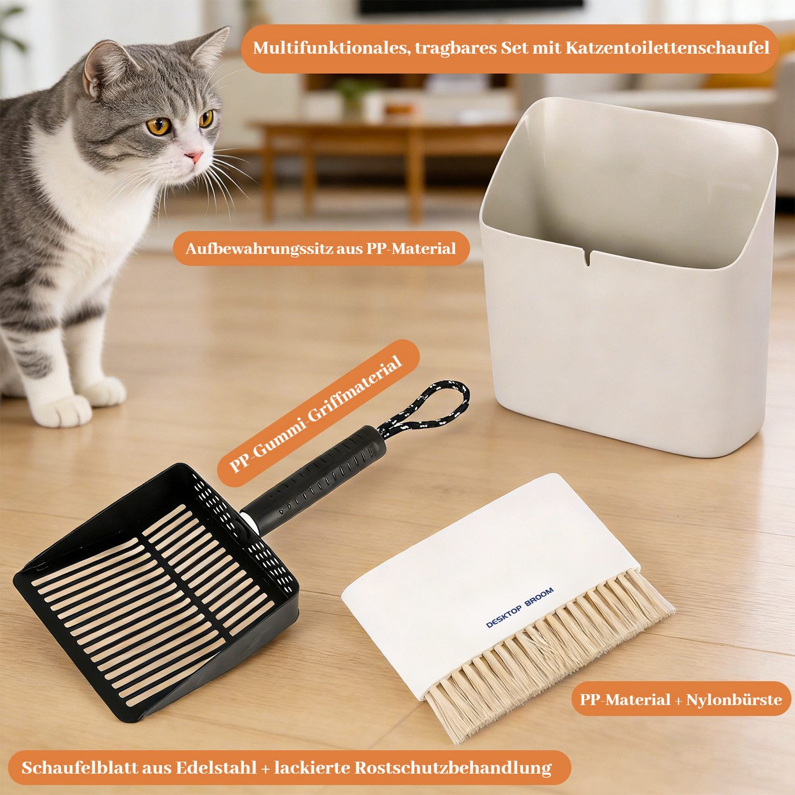 BlingBin Schaufel 3-Teiliges Katzenstreuschaufel mit Behälter und kleinerbesen, (1er Set, 3 St., 3tlg), Edelstahl Katzenklo Schaufel Schnelles Siebwerkzeug zur  – Bild 4 von 5