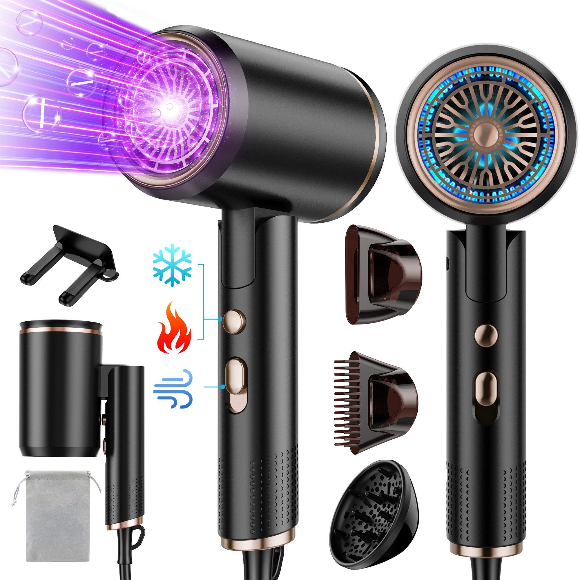 Luckice Haartrockner Haartrockner Föhn Ionen,klappbar,mit 3 Stylingdüse, 2400 W, Schnelltrocknen Hair Dryer Mit 6 Temperatureinstellungen, Reiseföhn Hairdryer Frisuren Zubehör Reisehaartrockner