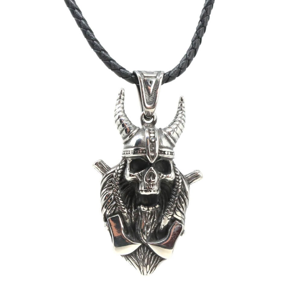 Kette mit Anhänger Lederkette Edelstahlkette 316L WIKINGER SKULL